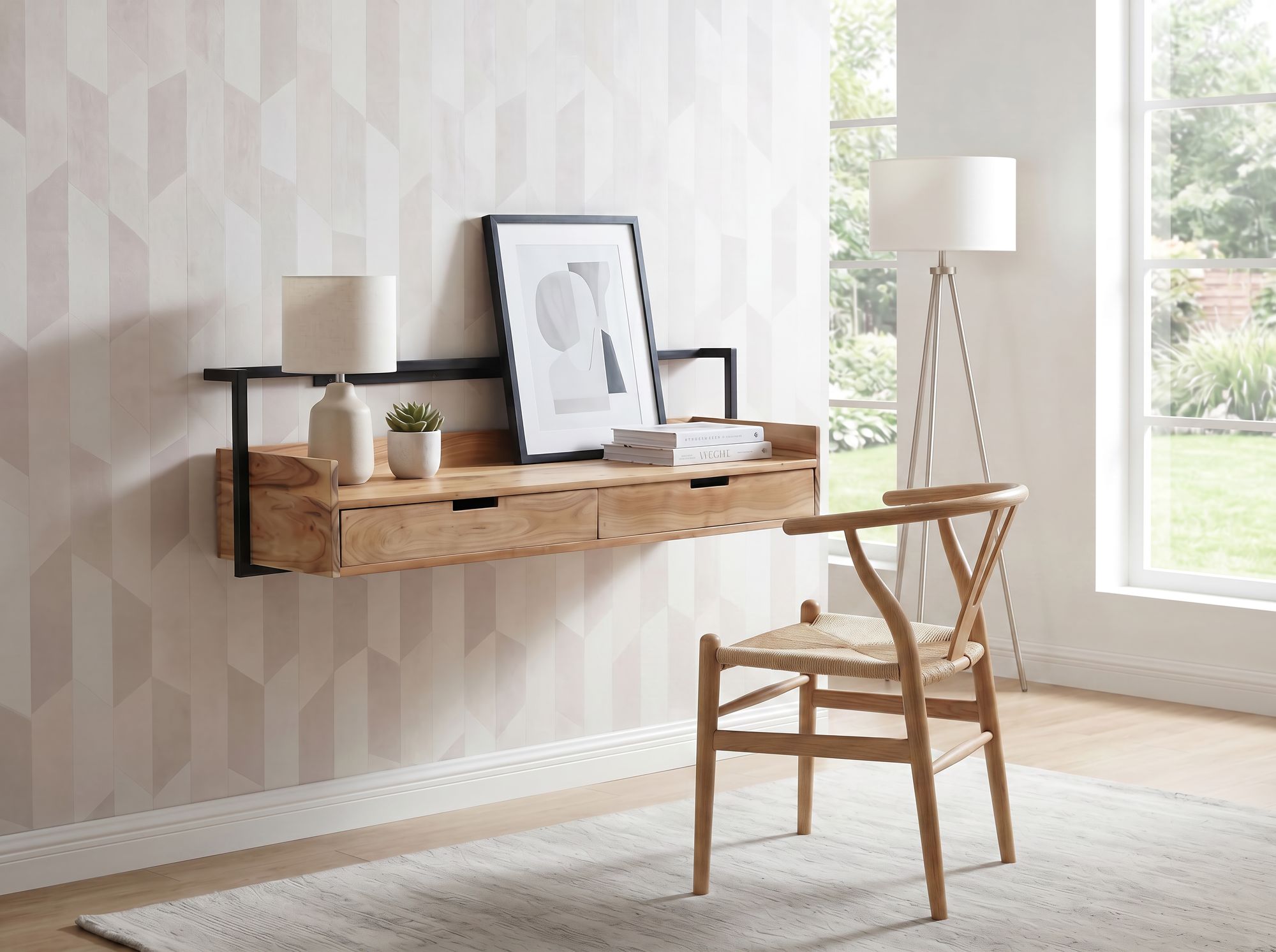 Wandschreibtisch Akazie Massivholz 120cm mit 2 Schubladen Design Schreibtisch – Bild 3