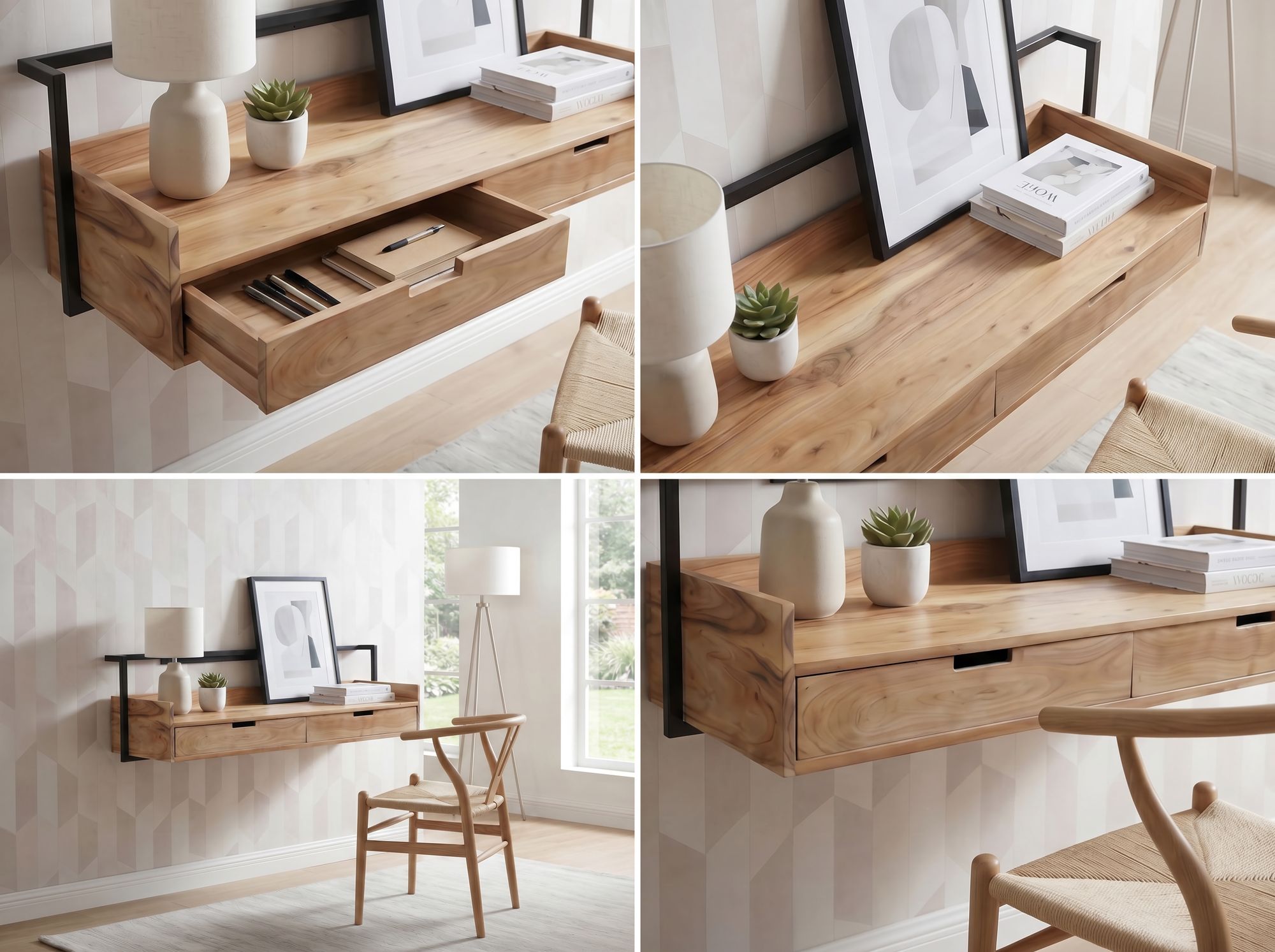Wandschreibtisch Akazie Massivholz 120cm mit 2 Schubladen Design Schreibtisch – Bild 5