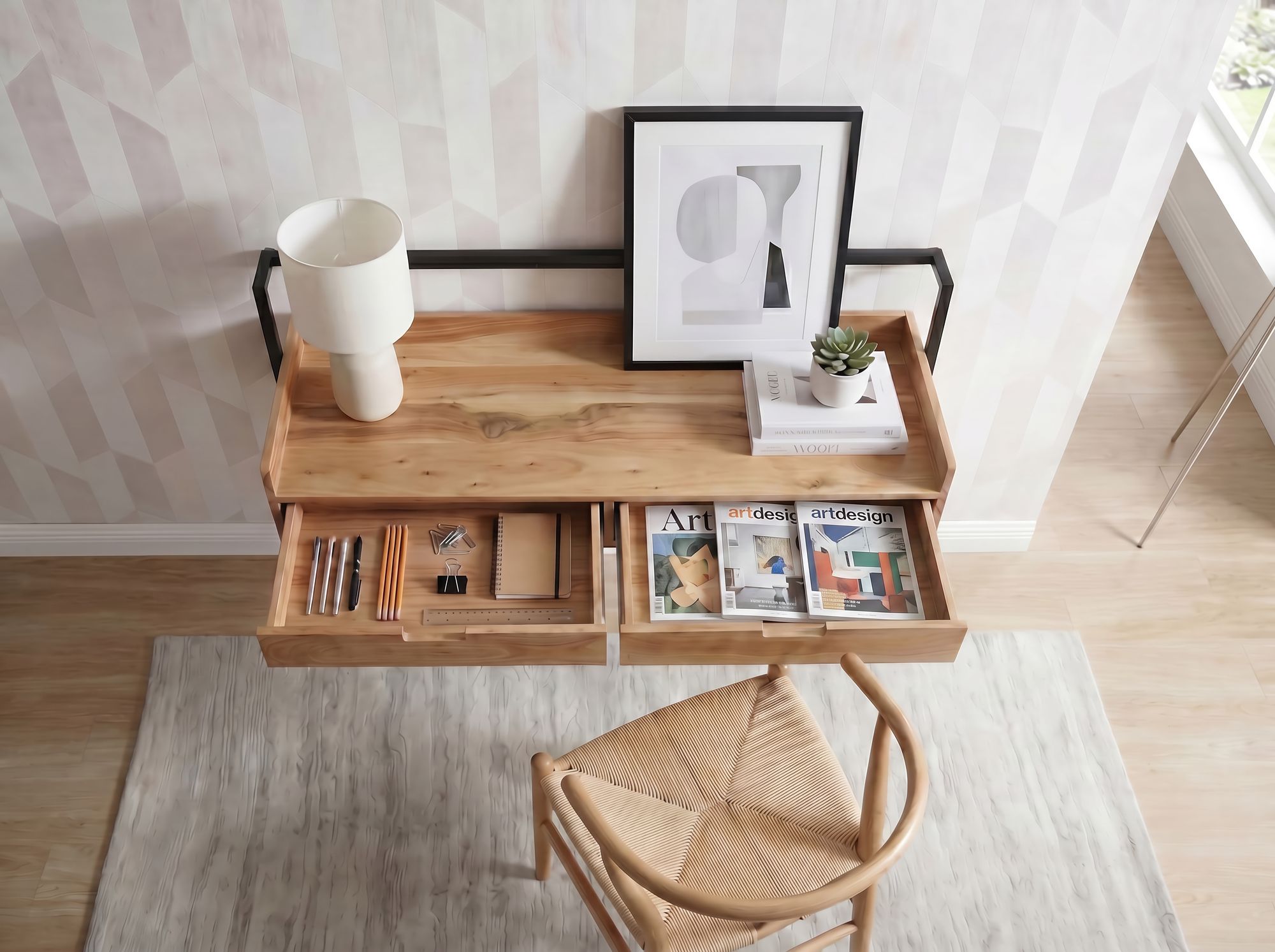 Wandschreibtisch Akazie Massivholz 120cm mit 2 Schubladen Design Schreibtisch – Bild 6