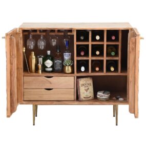 Barschrank Akazie Massivholz 90cm Natur mit Weinregal - Design Hausbar