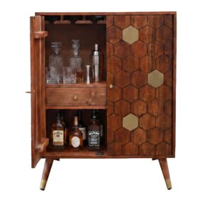 Barschrank Akazie Massivholz 75x96cm Bar Möbel mit Waben Muster -