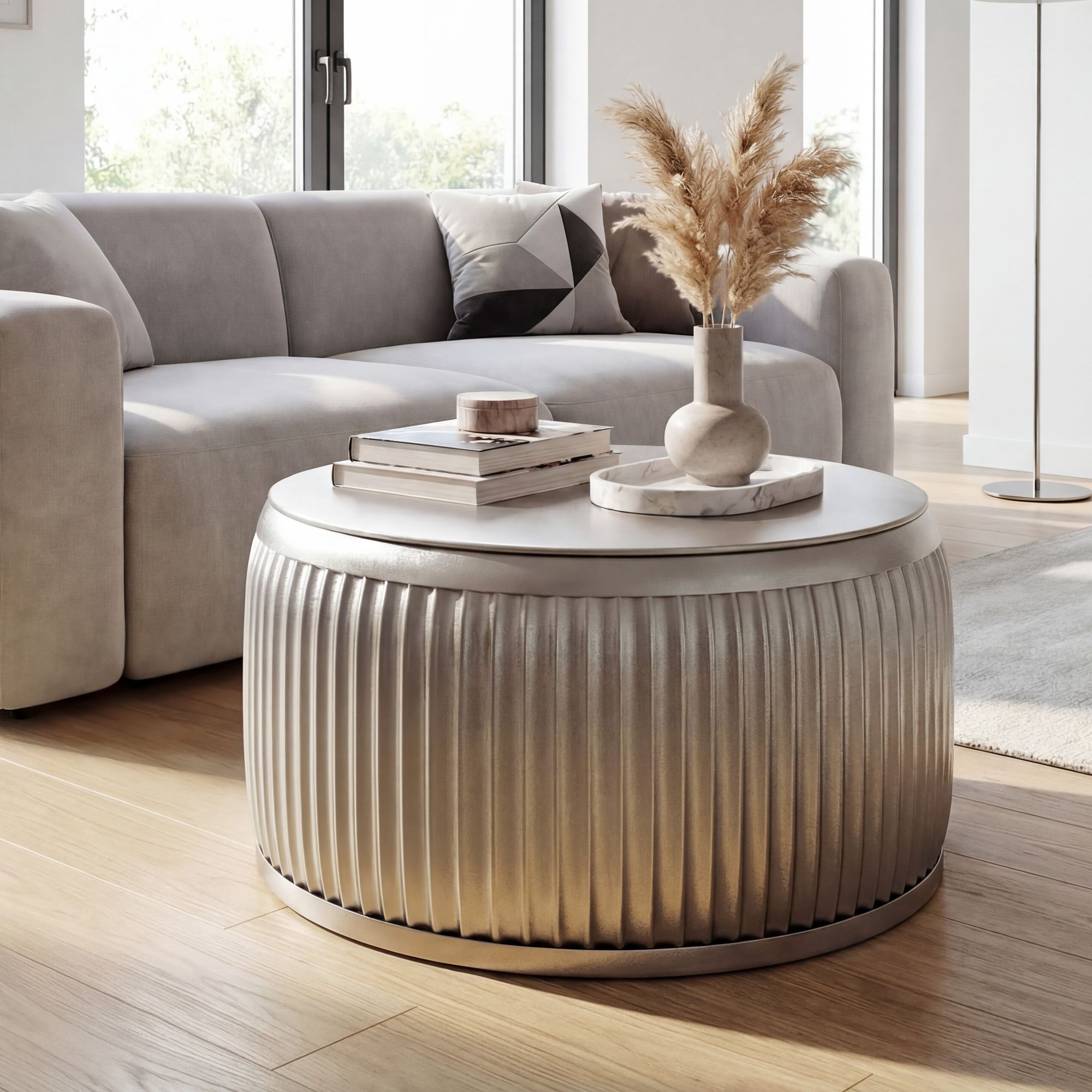 Couchtisch Metall Rund 60cm Silber mit abnehmbarer Tischplatte – Bild 2