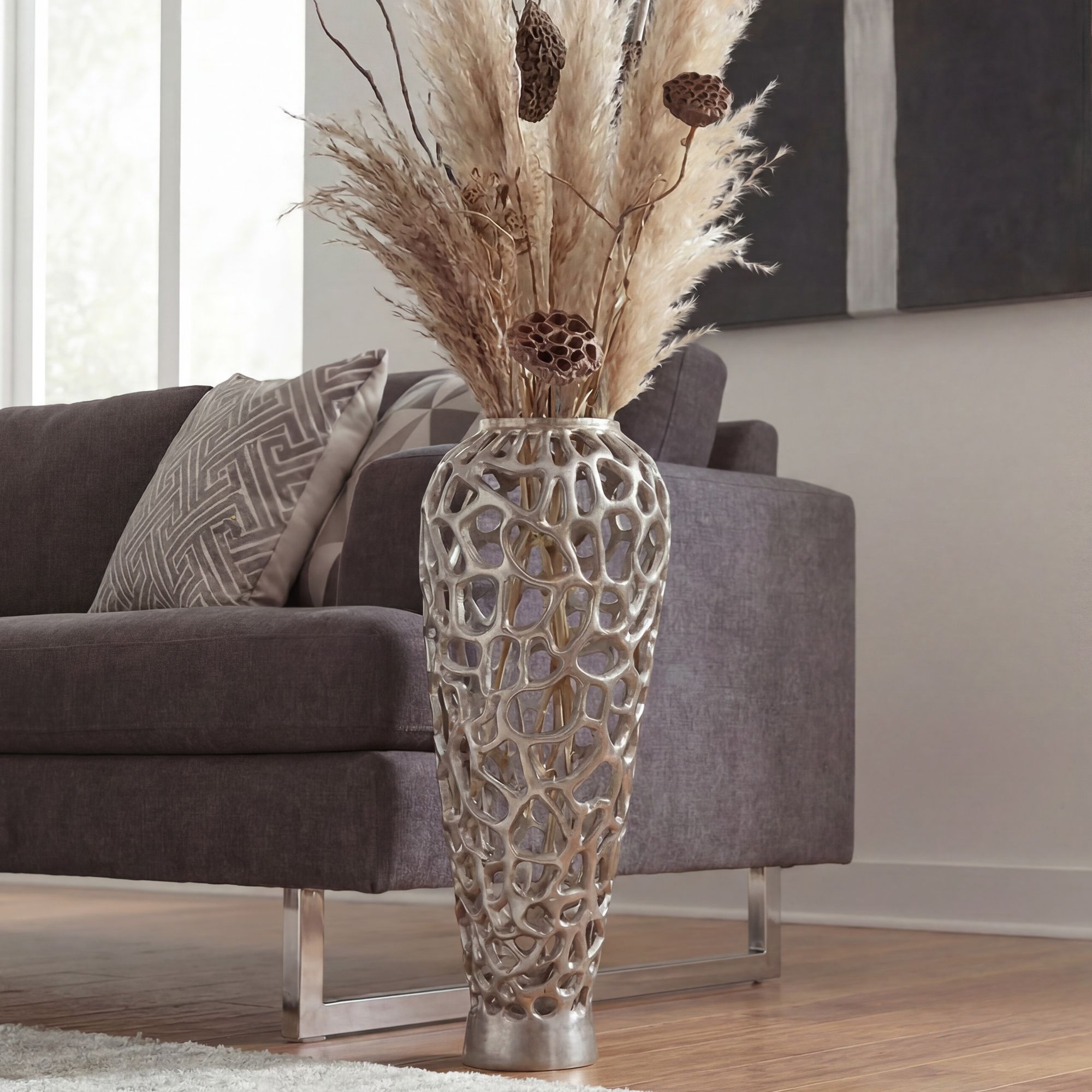 Bodenvase Aluminium 85cm Silber Design Blumenvase Groß Metallvase – Bild 2