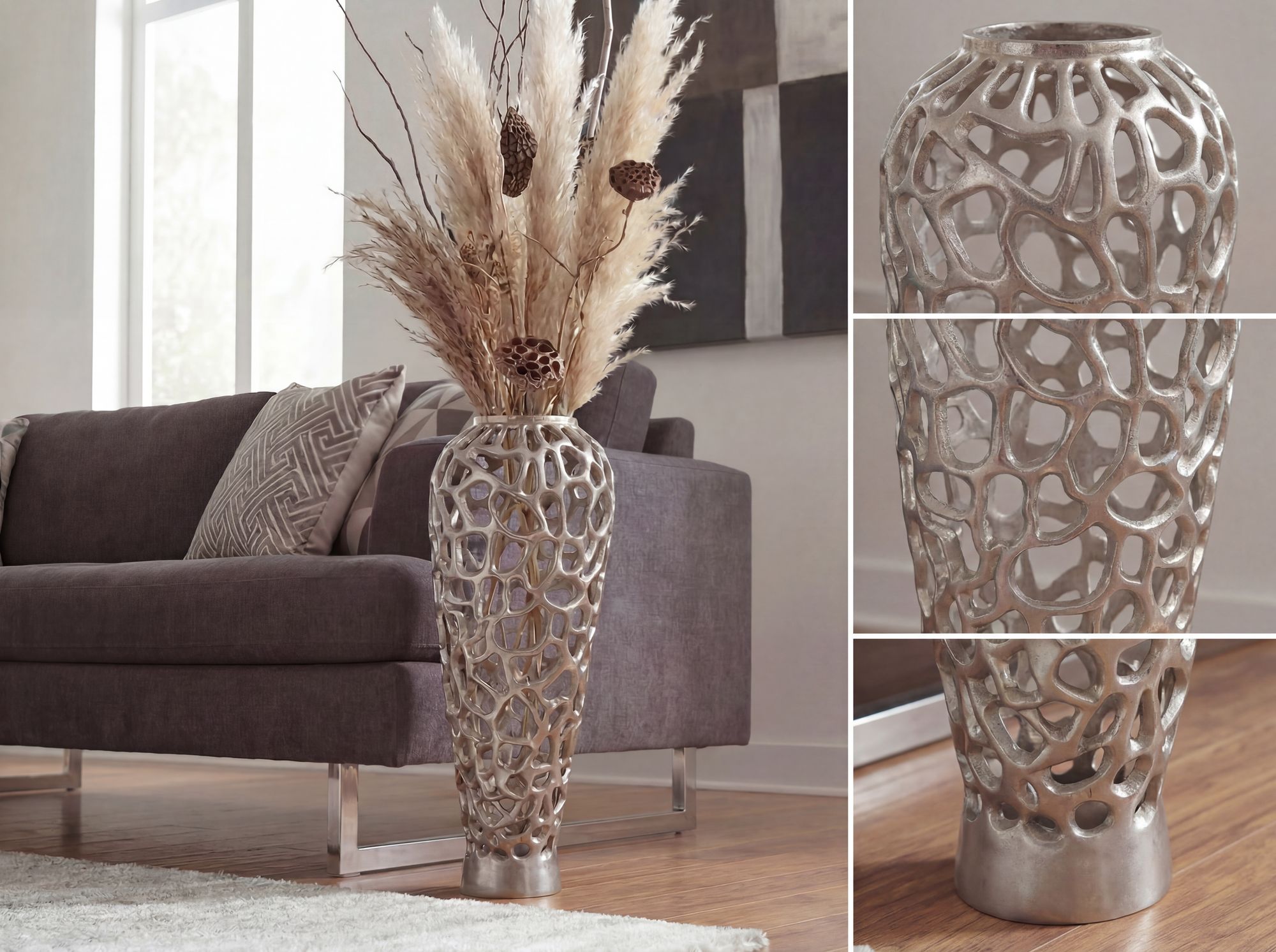Bodenvase Aluminium 85cm Silber Design Blumenvase Groß Metallvase – Bild 5