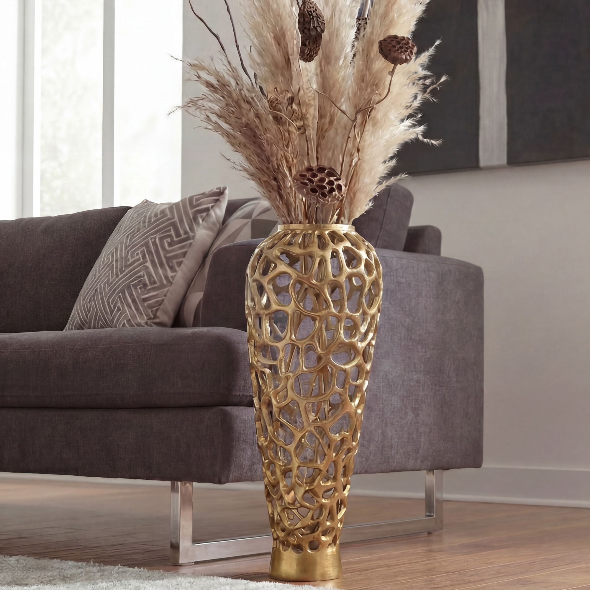 Bodenvase Aluminium 85cm Gold Design Blumenvase Groß Metallvase – Bild 2