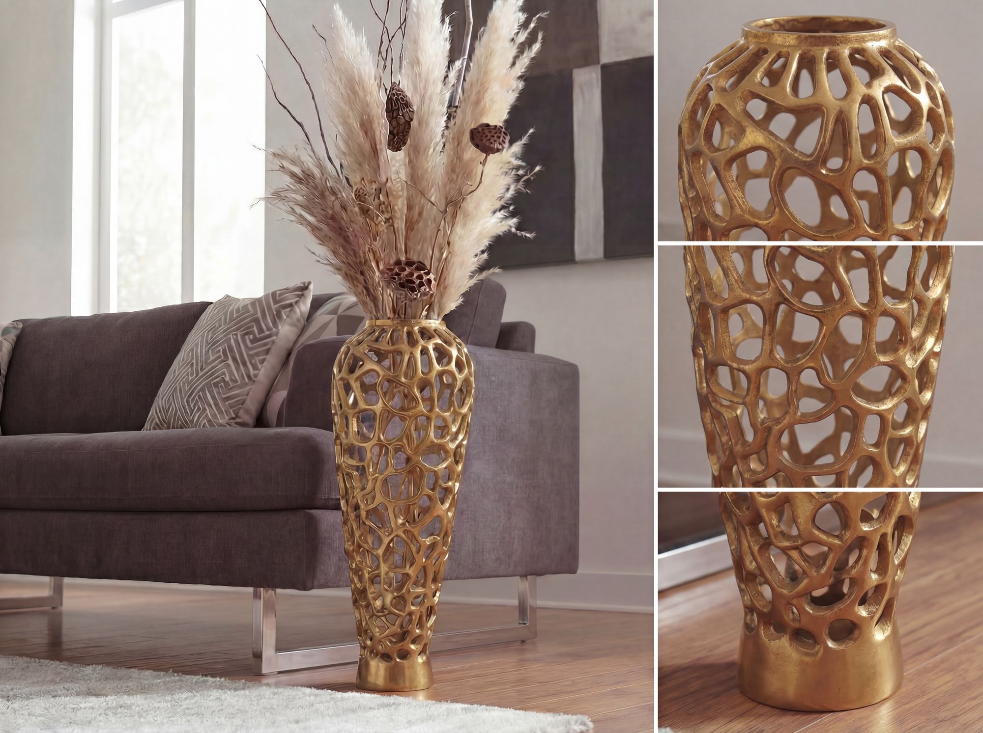 Bodenvase Aluminium 85cm Gold Design Blumenvase Groß Metallvase – Bild 5