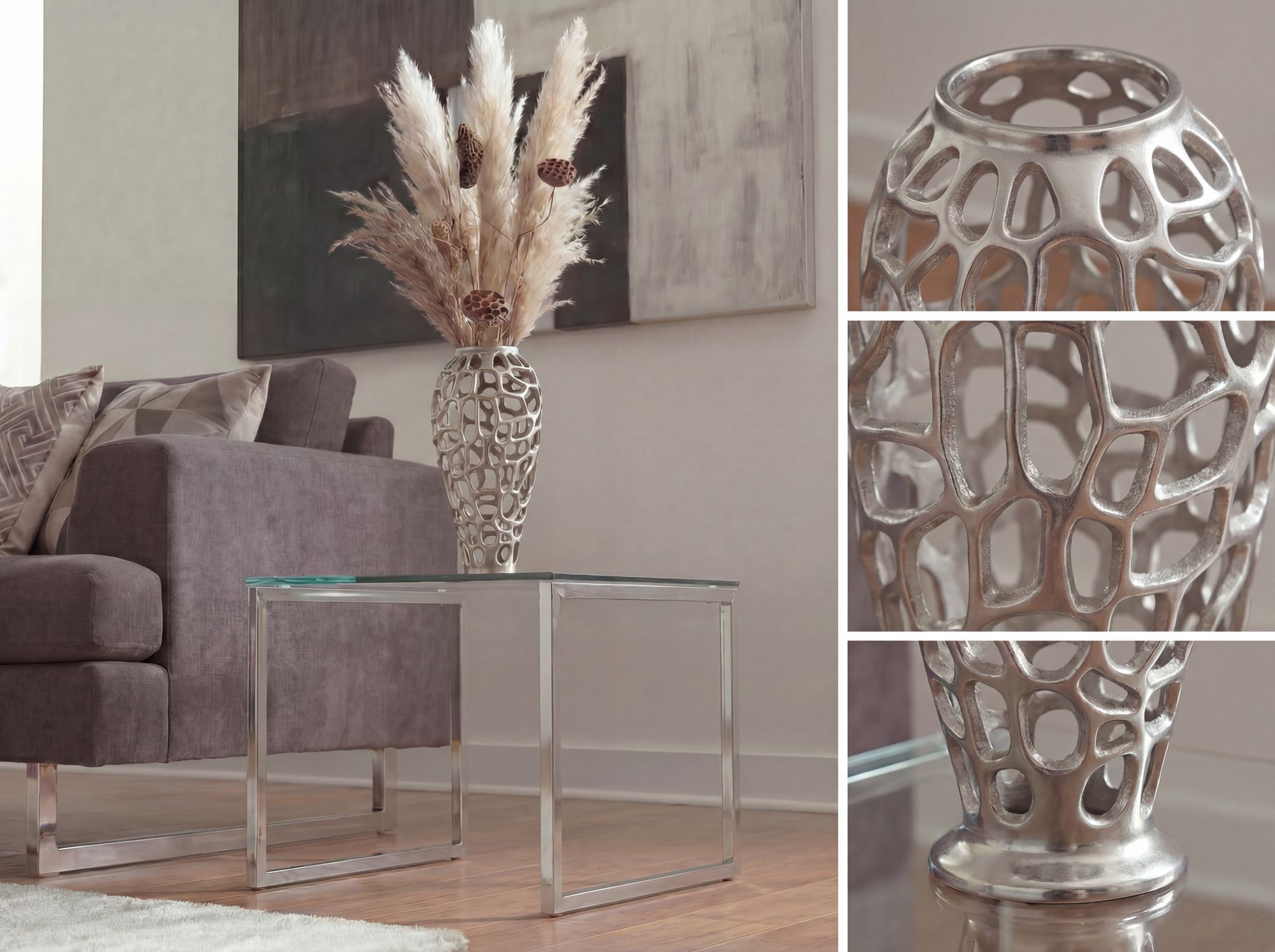 Dekovase Aluminium 45cm Silber Design Blumenvase Groß Metallvase – Bild 5