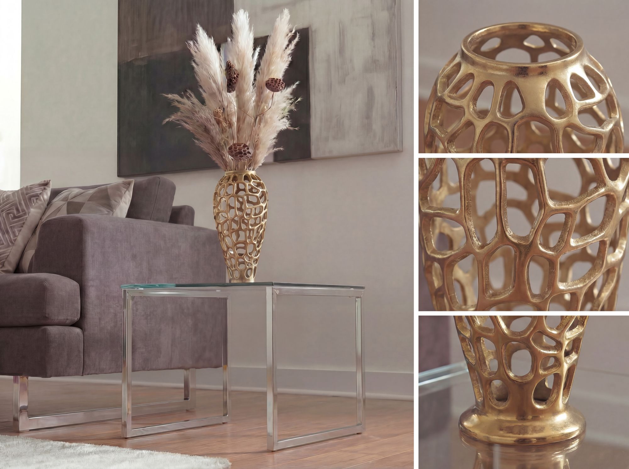 Dekovase Aluminium 45cm Gold Design Blumenvase Metallvase – Bild 5