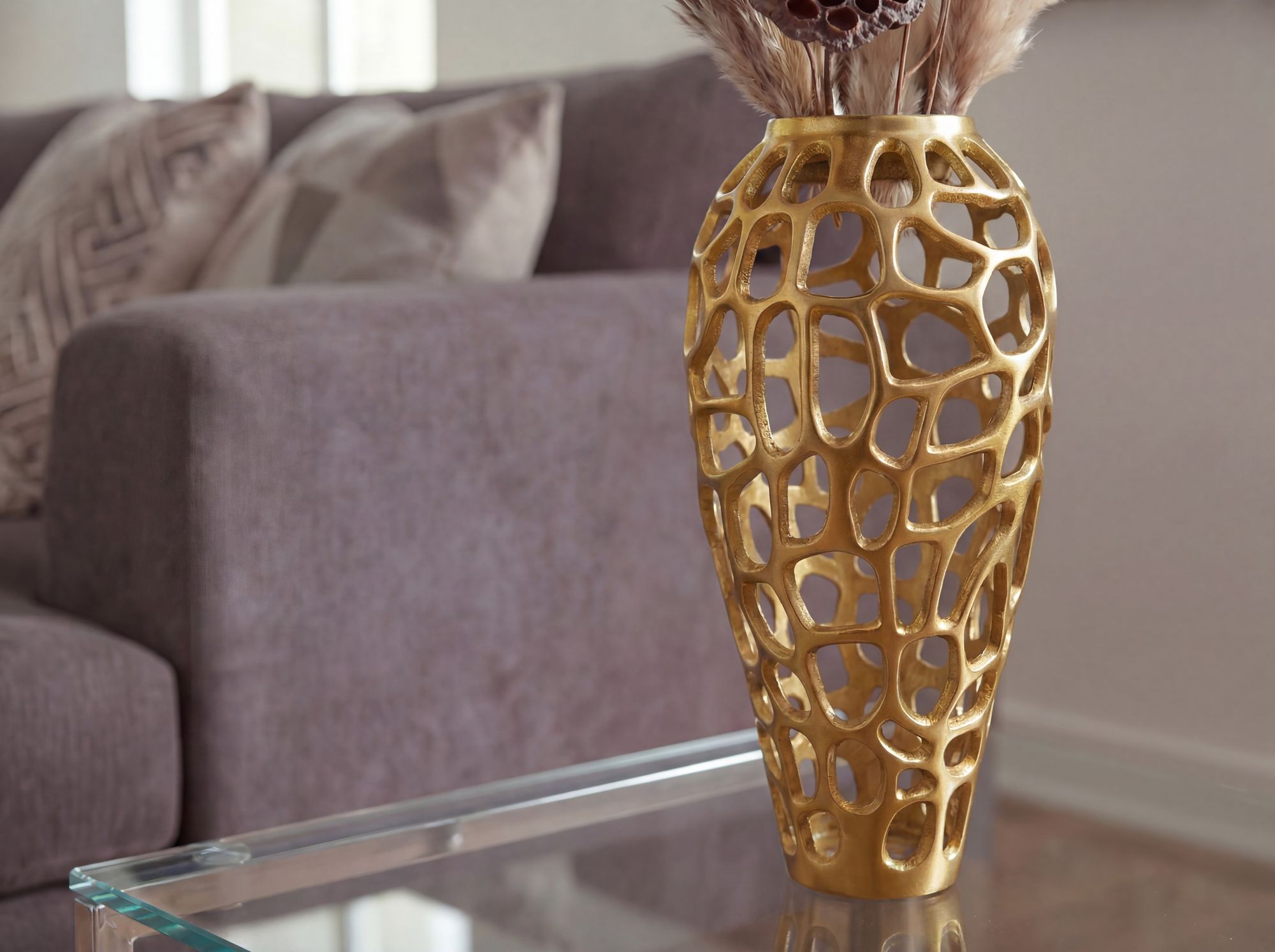 Dekovase Aluminium 45cm Gold Design Blumenvase Metallvase – Bild 6