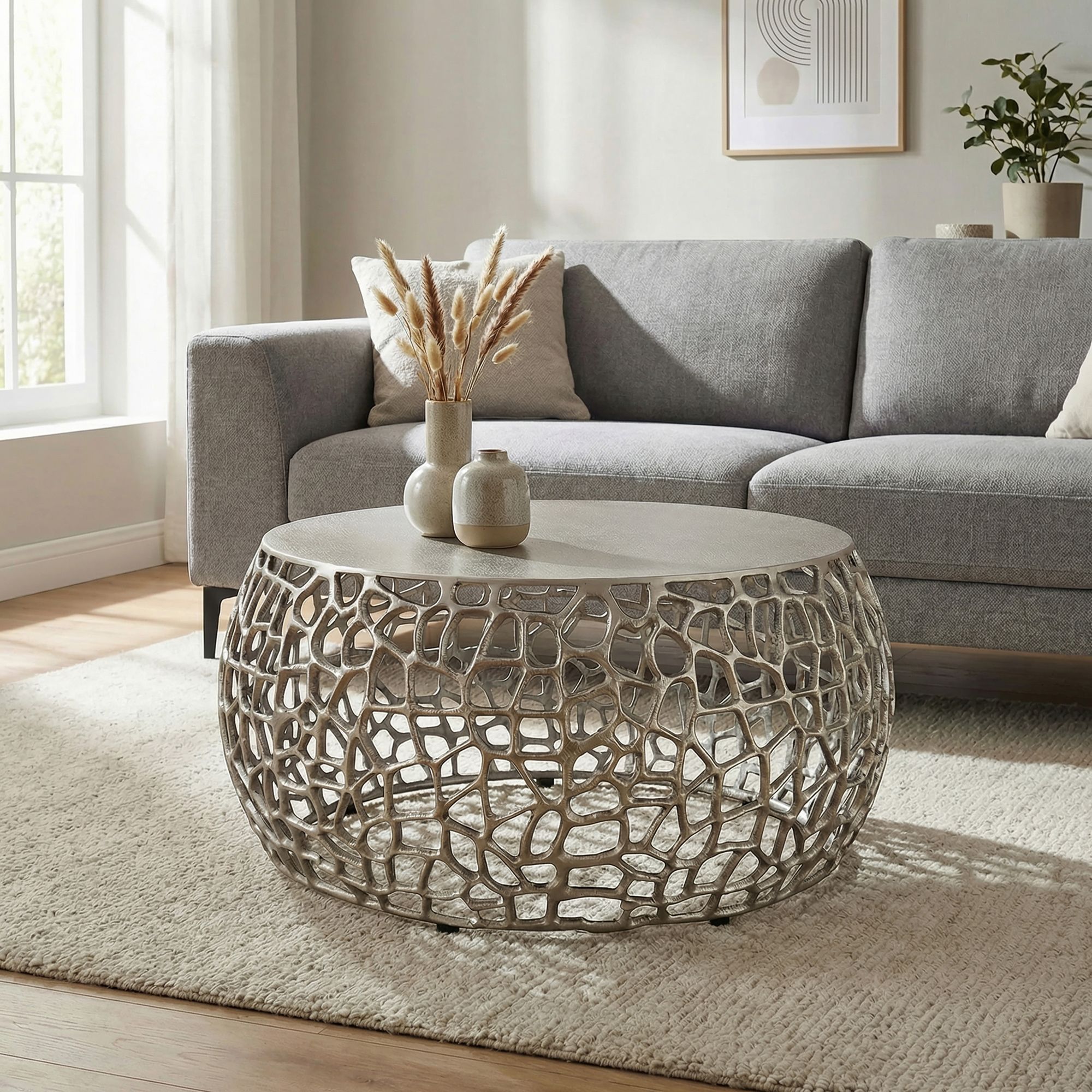Couchtisch Metall Silber 60cm Sofatisch Aluminium Rund – Bild 2