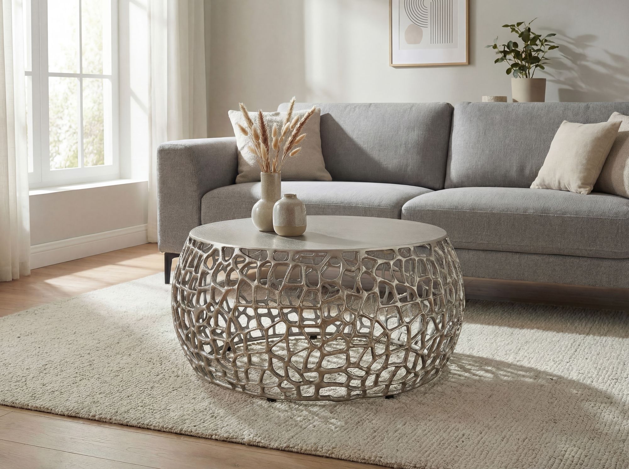 Couchtisch Metall Silber 60cm Sofatisch Aluminium Rund – Bild 3