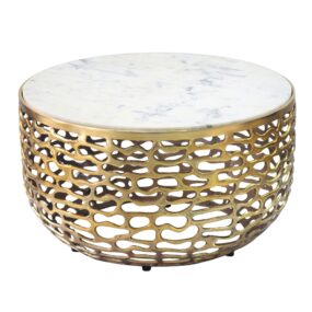 Design Metall Couchtisch Gold mit weißer Marmor Tischplatte 60 cm