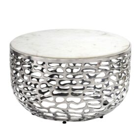 Design Metall Couchtisch Silber mit weißer Marmor Tischplatte 60 cm