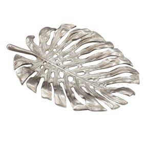 Dekoschale Silber Aluminium 36cm Monstera Blattform - Design Standdeko Obstschale