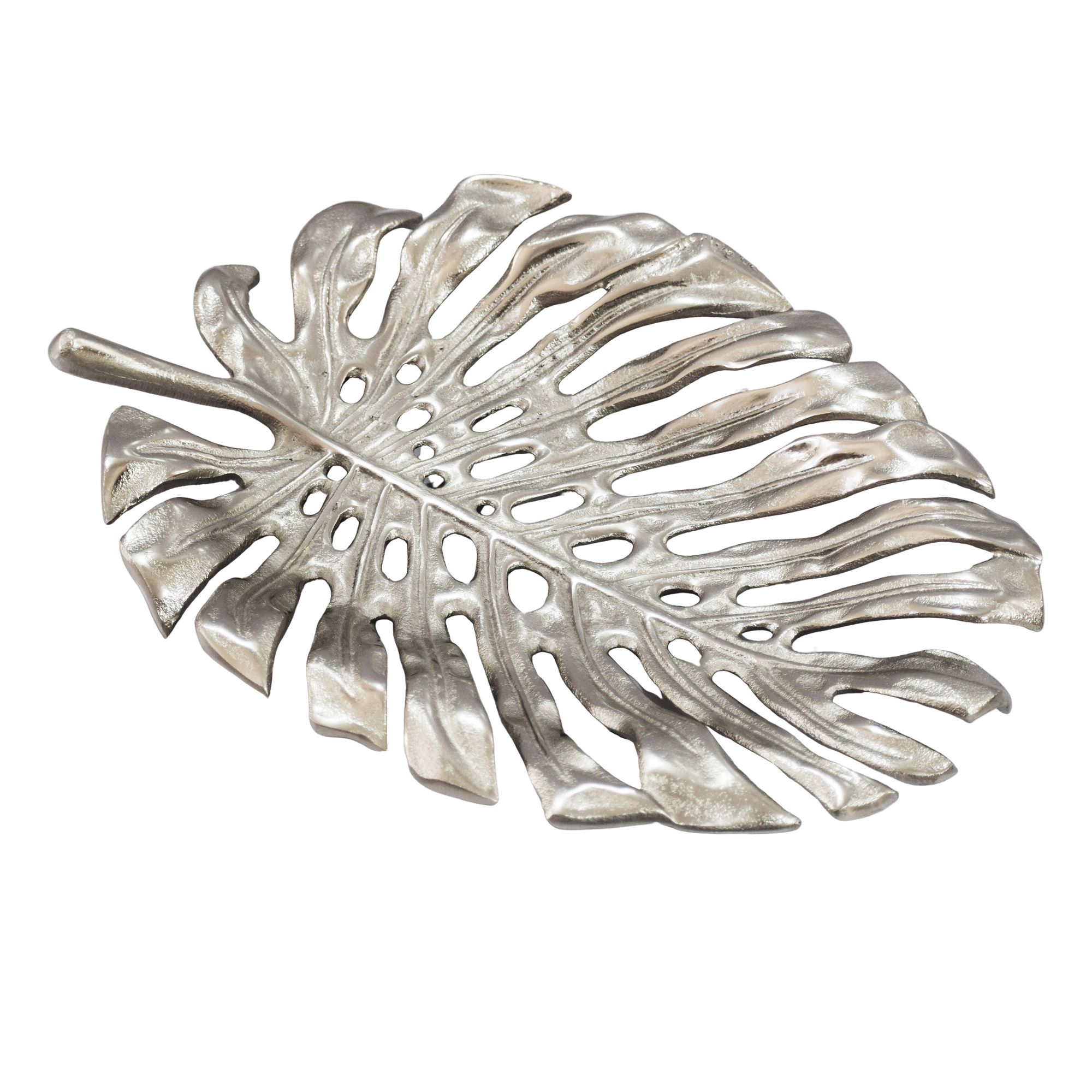 Dekoschale Silber Aluminium 36cm Monstera Blattform - Design Standdeko Obstschale