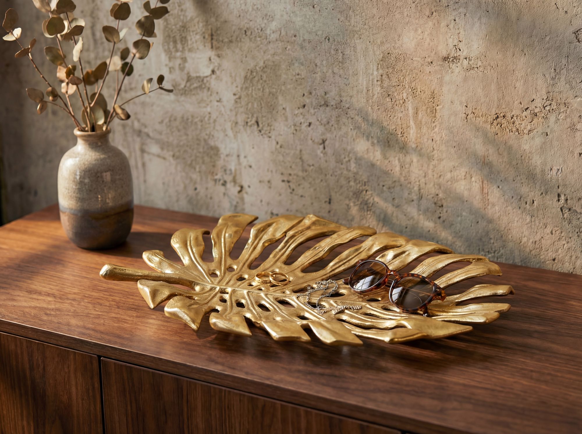 Dekoschale Gold Aluminium 36cm Monstera Blattform - Design Standdeko Obstschale – Bild 3