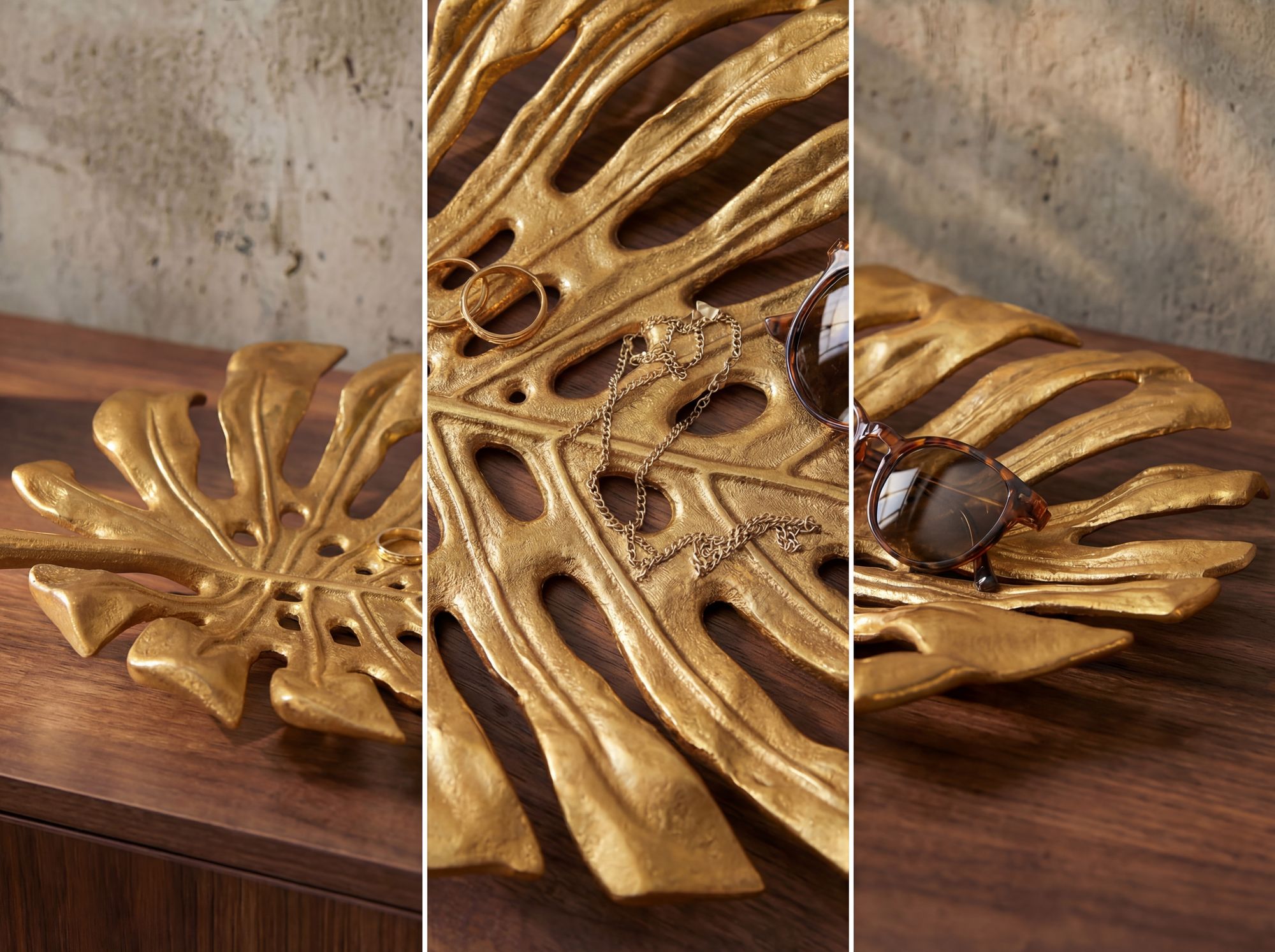 Dekoschale Gold Aluminium 36cm Monstera Blattform - Design Standdeko Obstschale – Bild 5