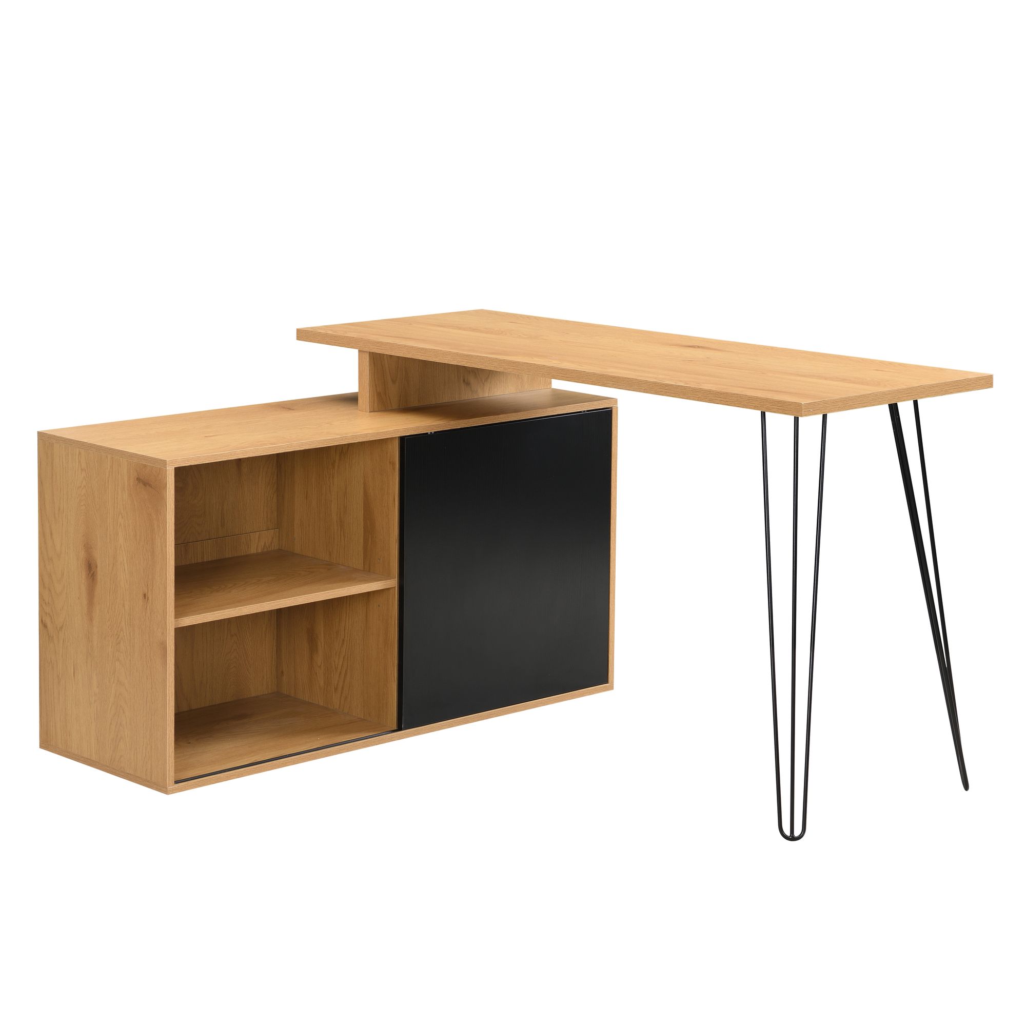Schreibtisch MDF 130cm Eiche Dekor Schwarz L Form mit Regal – Bild 7