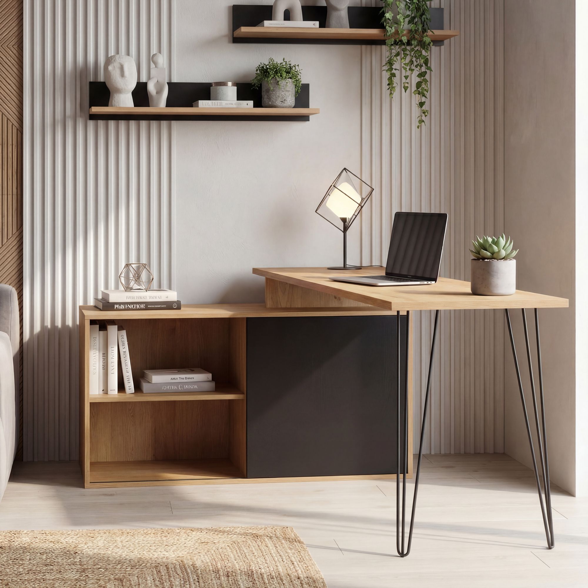 Schreibtisch MDF 130cm Eiche Dekor Schwarz L Form mit Regal – Bild 2