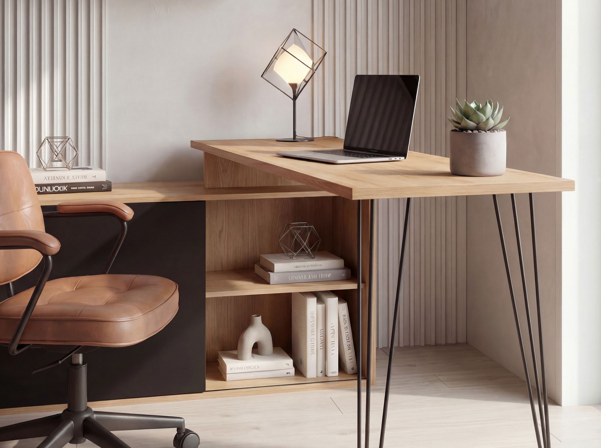 Schreibtisch MDF 130cm Eiche Dekor Schwarz L Form mit Regal – Bild 6
