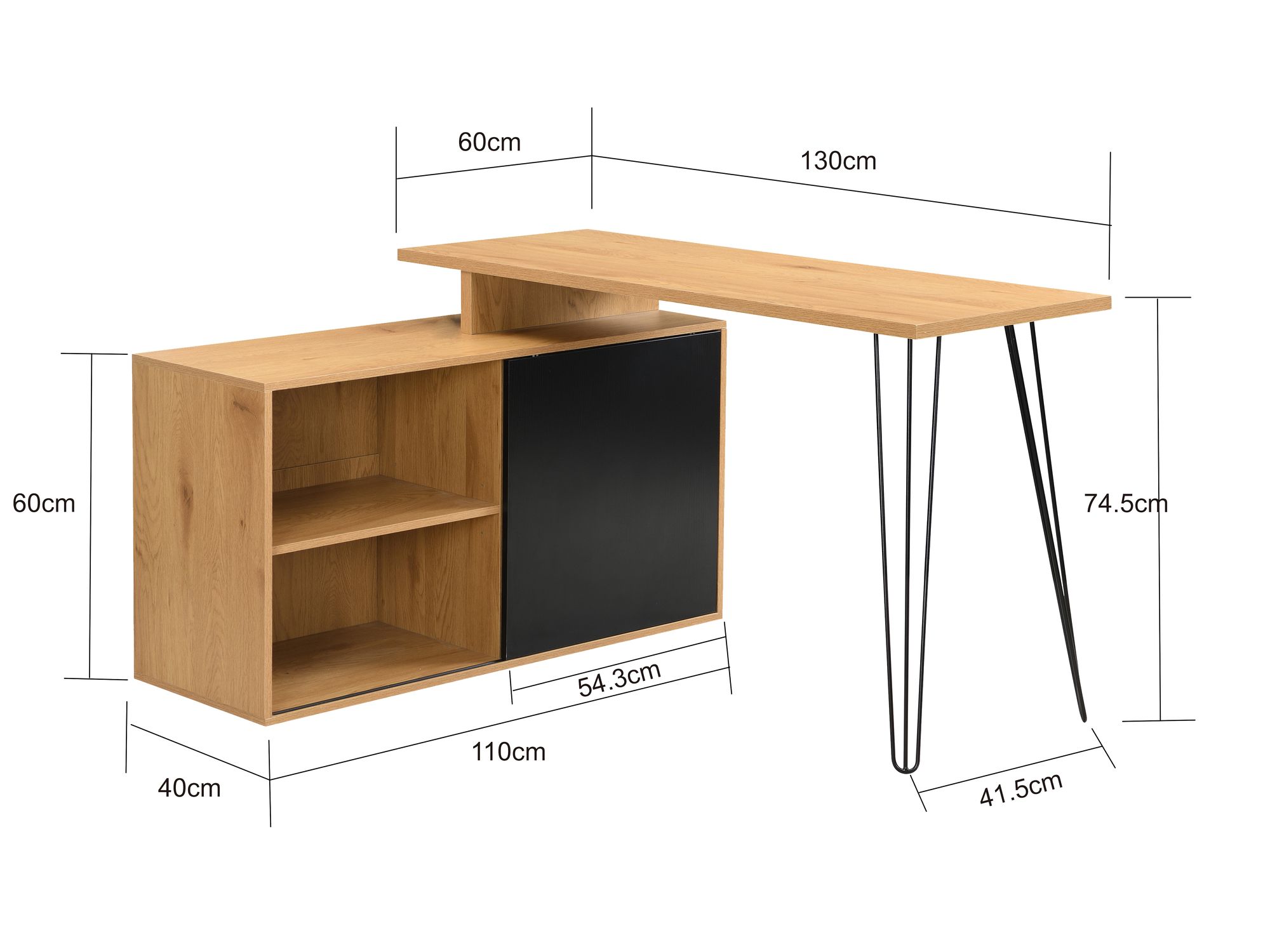 Schreibtisch MDF 130cm Eiche Dekor Schwarz L Form mit Regal – Bild 4