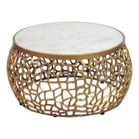Design Metall Couchtisch Gold mit weißer Marmor Tischplatte 60 cm