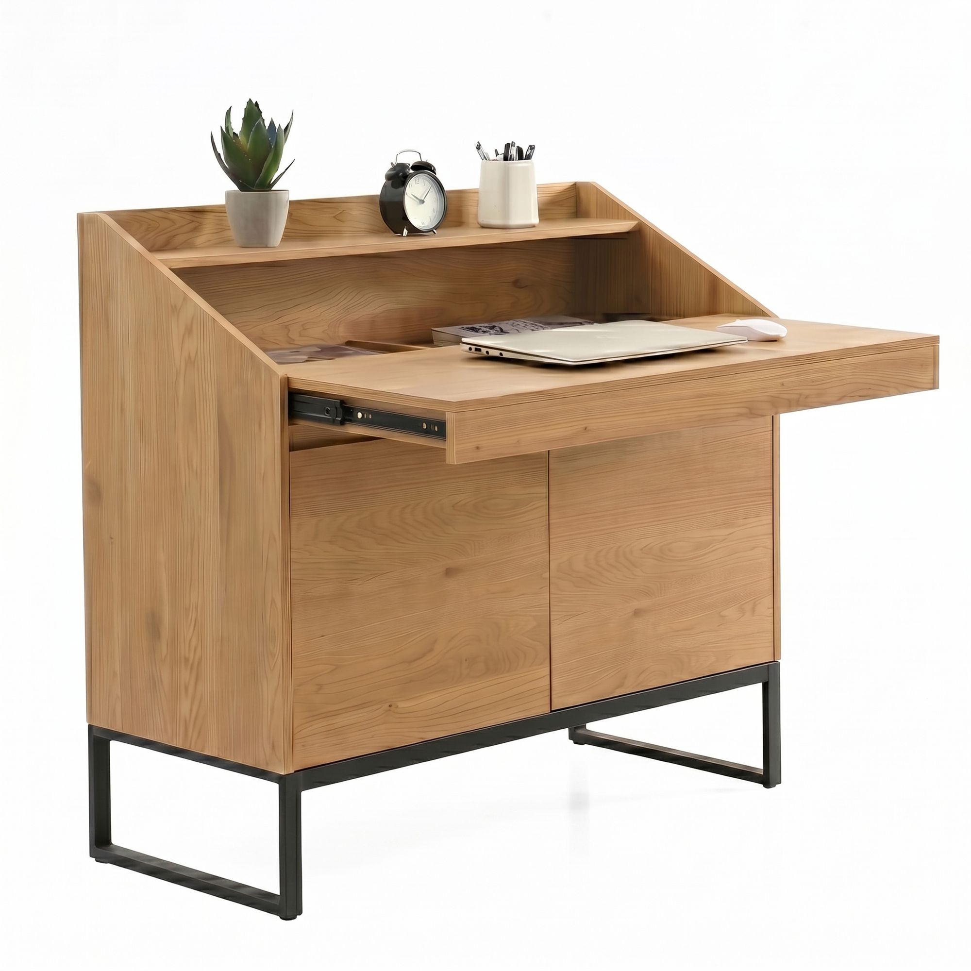 Sekretär MDF 100cm Eiche Dekor Metall Beine Rechteckig - Design