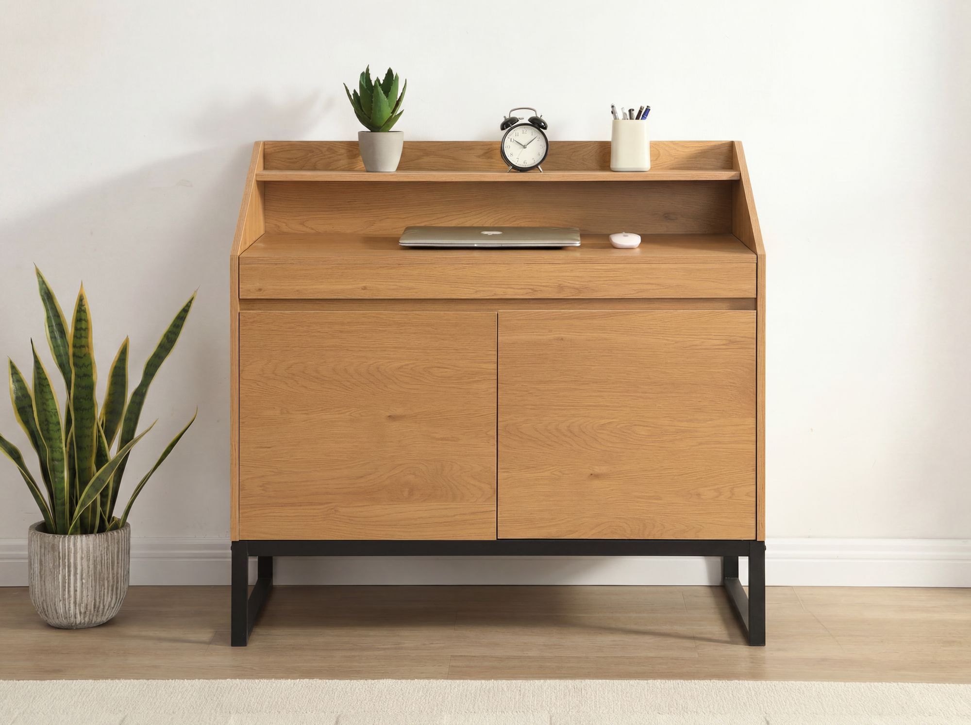 Sekretär MDF 100cm Eiche Dekor Metall Beine Rechteckig – Bild 5