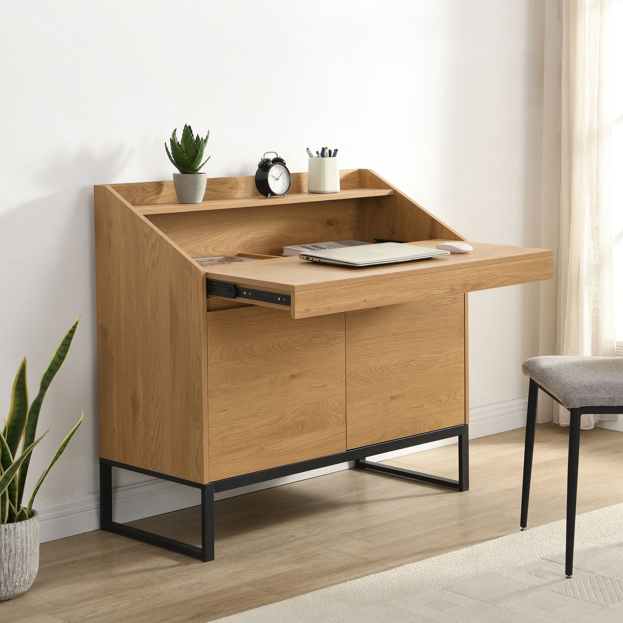 Sekretär MDF 100cm Eiche Dekor Metall Beine Rechteckig – Bild 2
