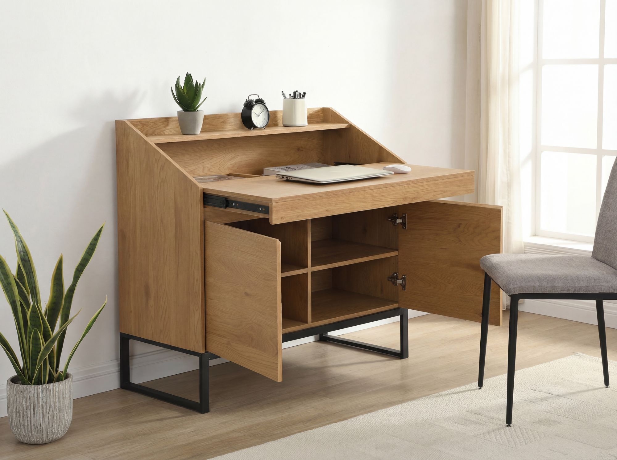 Sekretär MDF 100cm Eiche Dekor Metall Beine Rechteckig – Bild 3