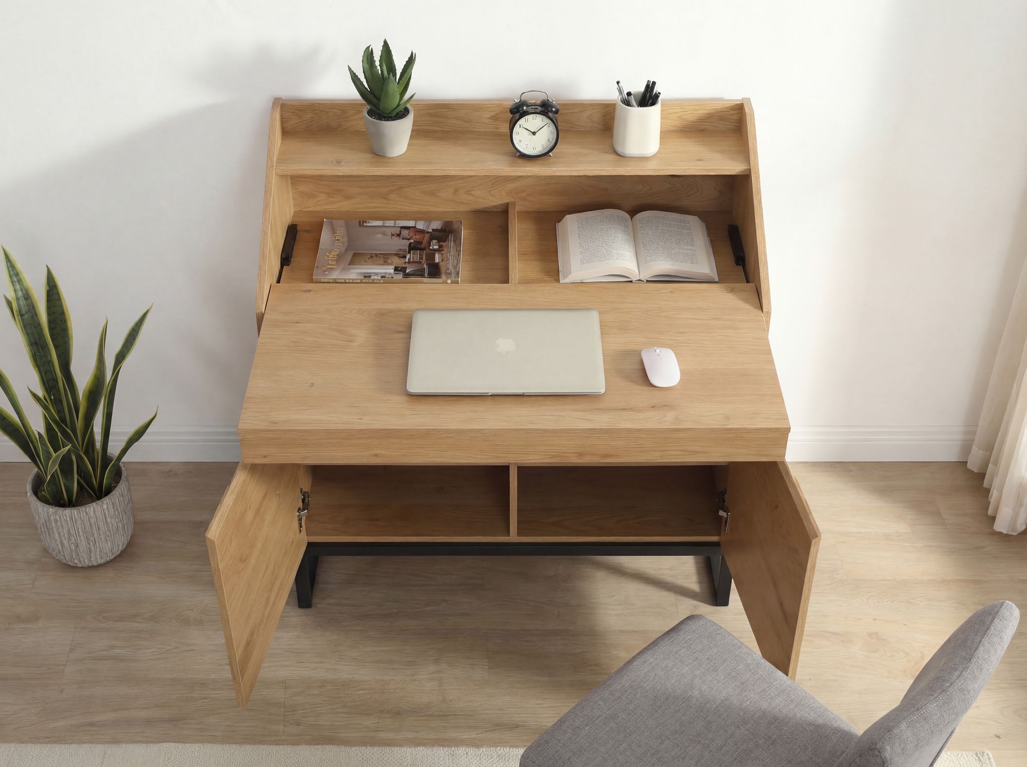 Sekretär MDF 100cm Eiche Dekor Metall Beine Rechteckig – Bild 6