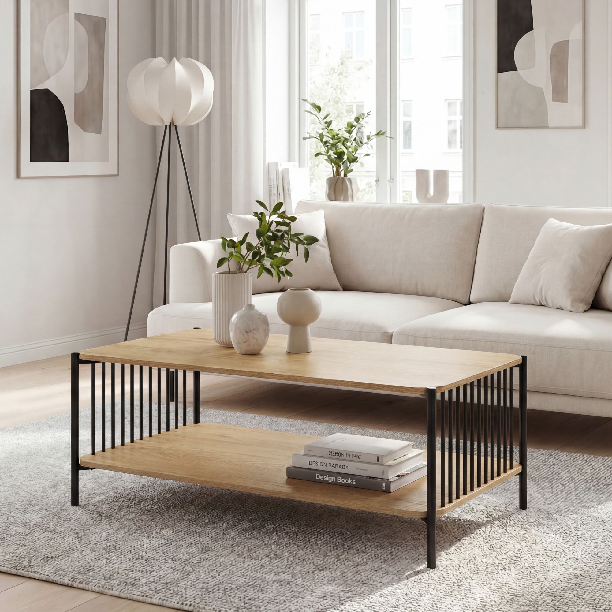 Couchtisch 110x60cm Eiche Optik Rechteckig Design Sofatisch Metall – Bild 2