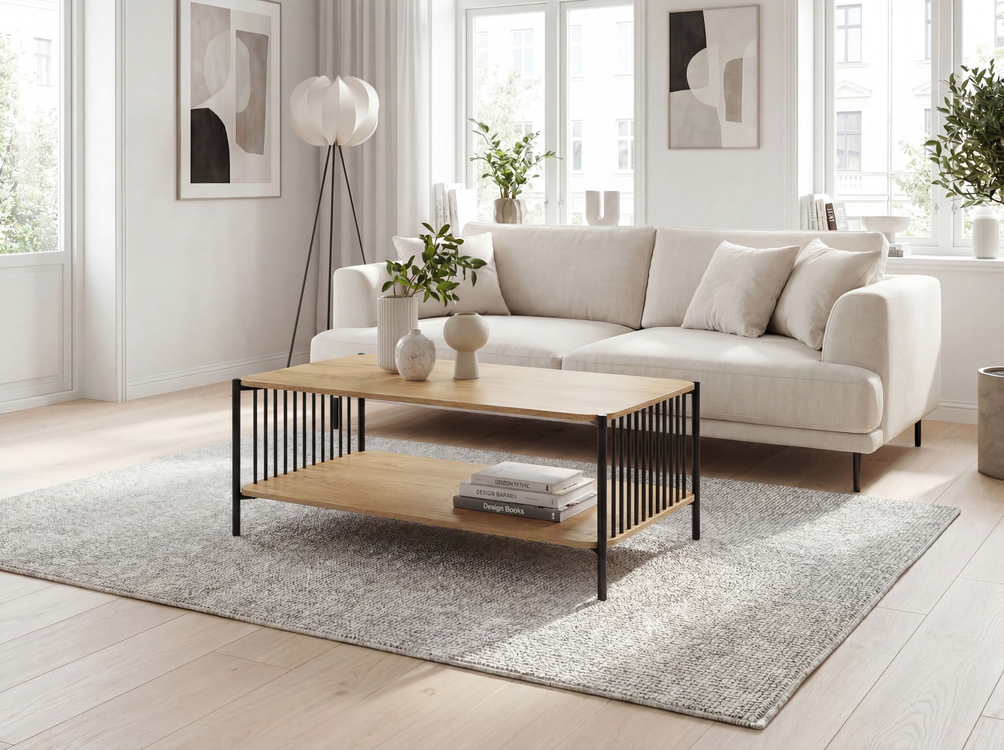 Couchtisch 110x60cm Eiche Optik Rechteckig Design Sofatisch Metall – Bild 3