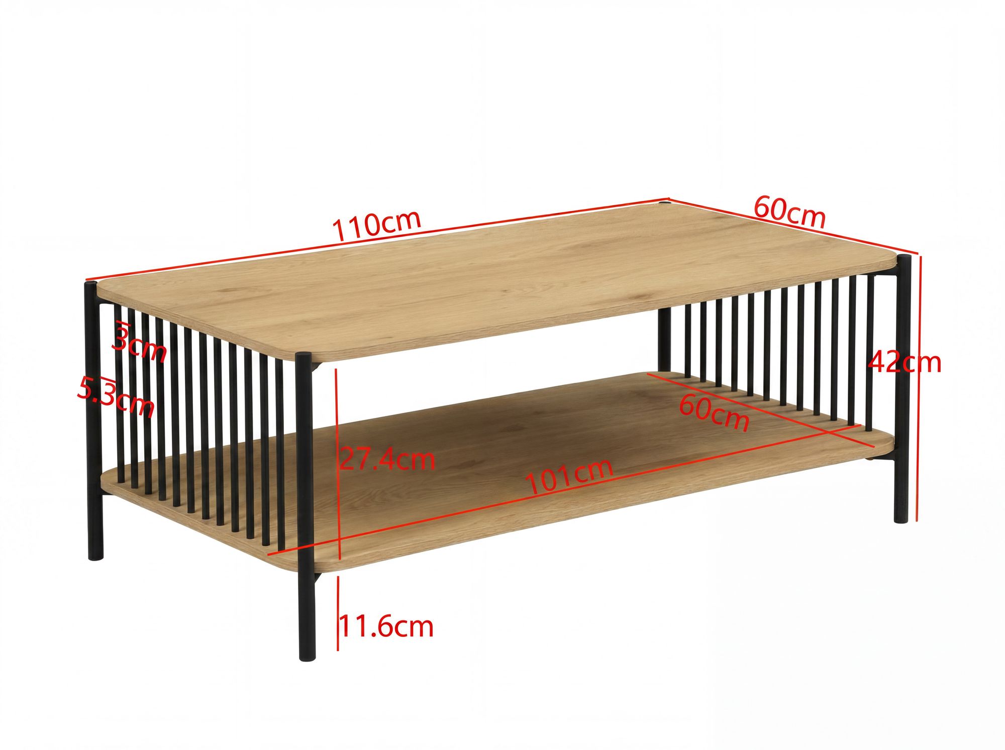 Couchtisch 110x60cm Eiche Optik Rechteckig Design Sofatisch Metall – Bild 4