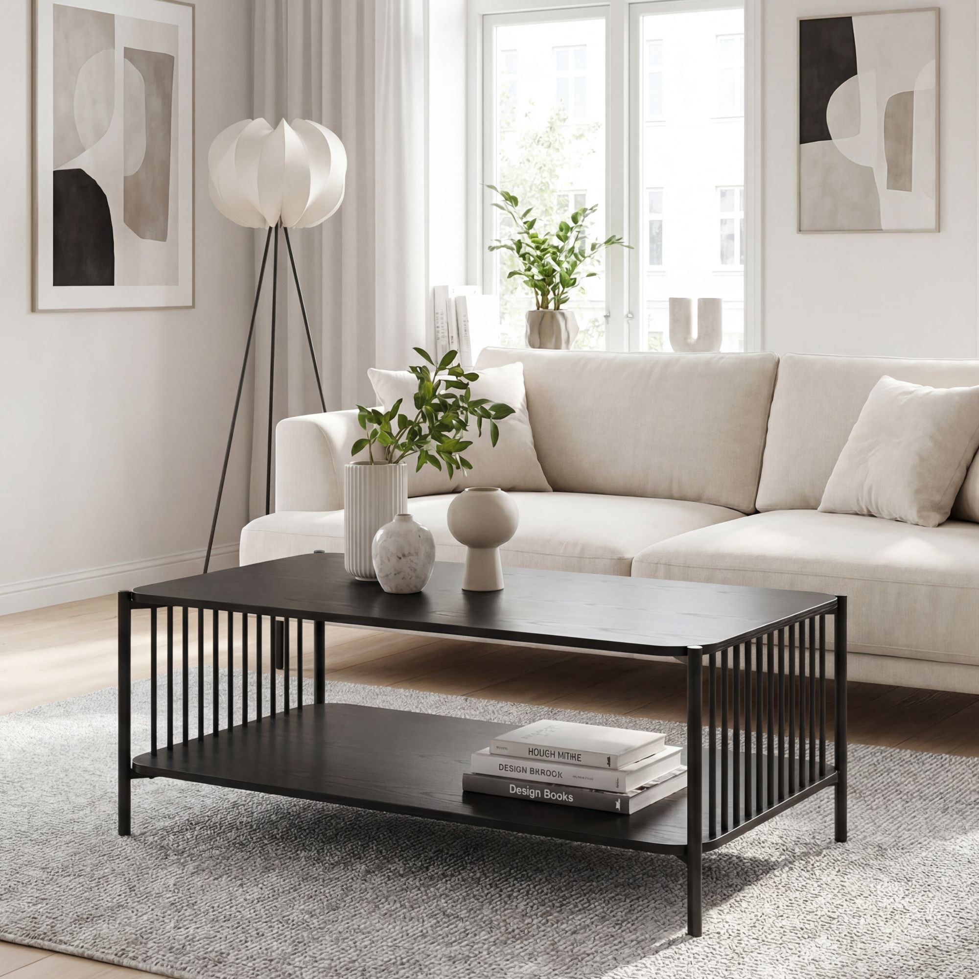 Couchtisch 110x60cm Eiche Optik Schwarz Rechteckig Metall – Bild 2