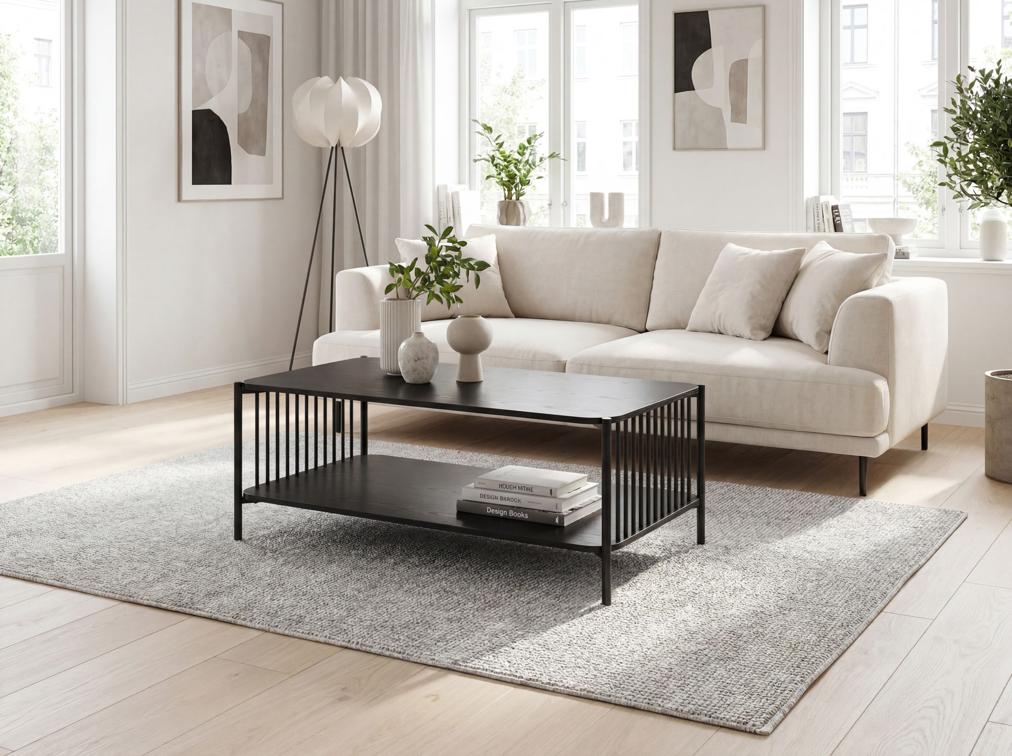 Couchtisch 110x60cm Eiche Optik Schwarz Rechteckig Metall – Bild 3