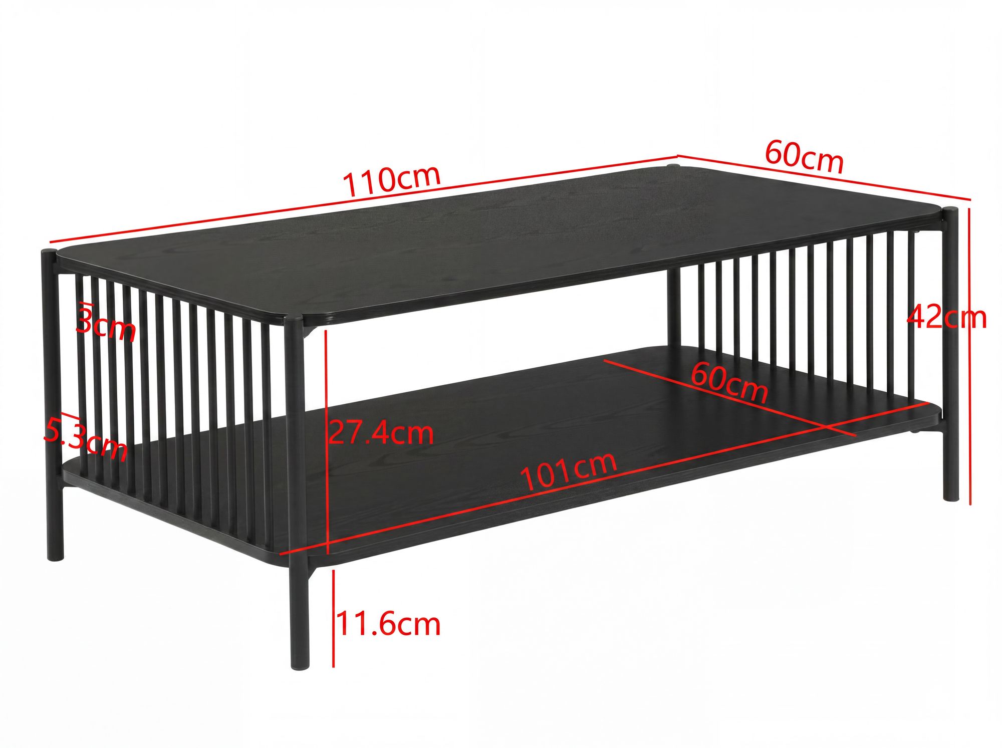 Couchtisch 110x60cm Eiche Optik Schwarz Rechteckig Metall – Bild 4
