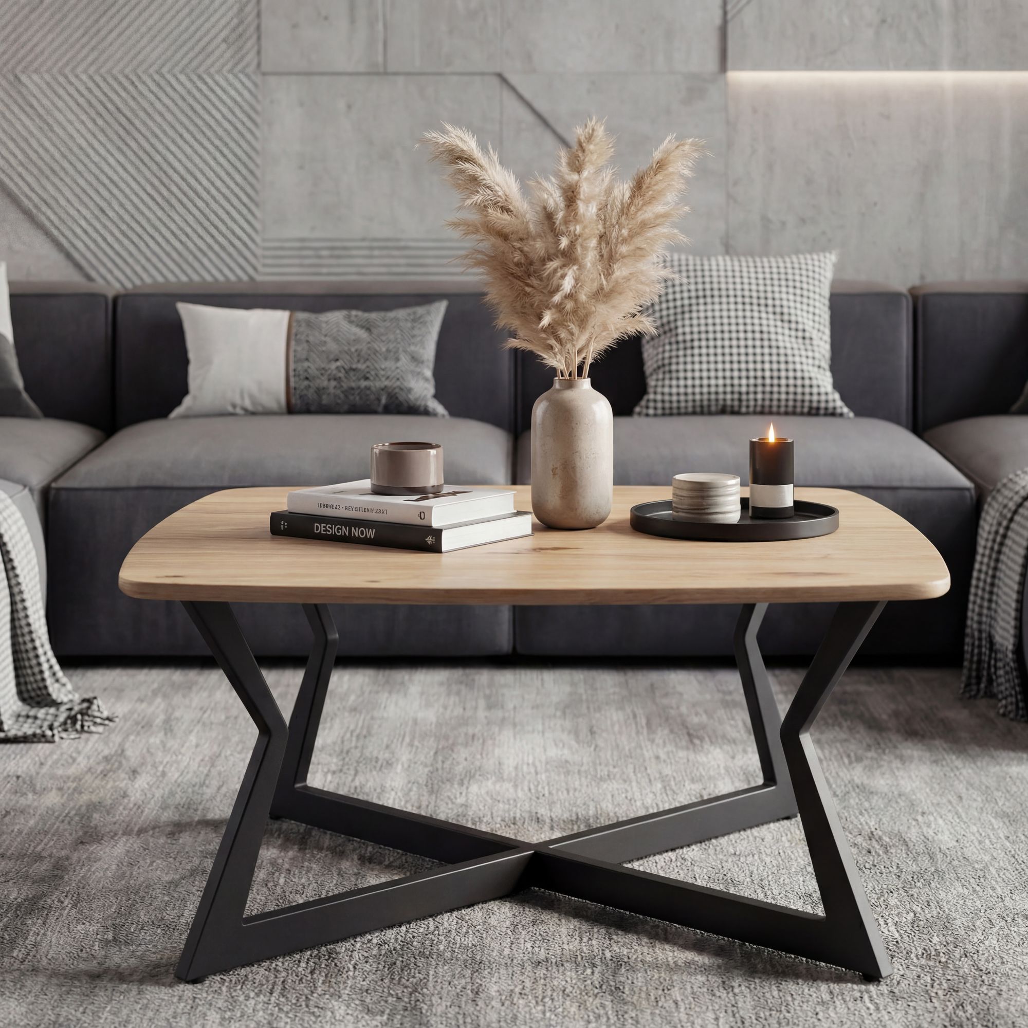 Couchtisch Quadratisch 75x75cm Eiche Optik Schwarz Design Sofatisch – Bild 2