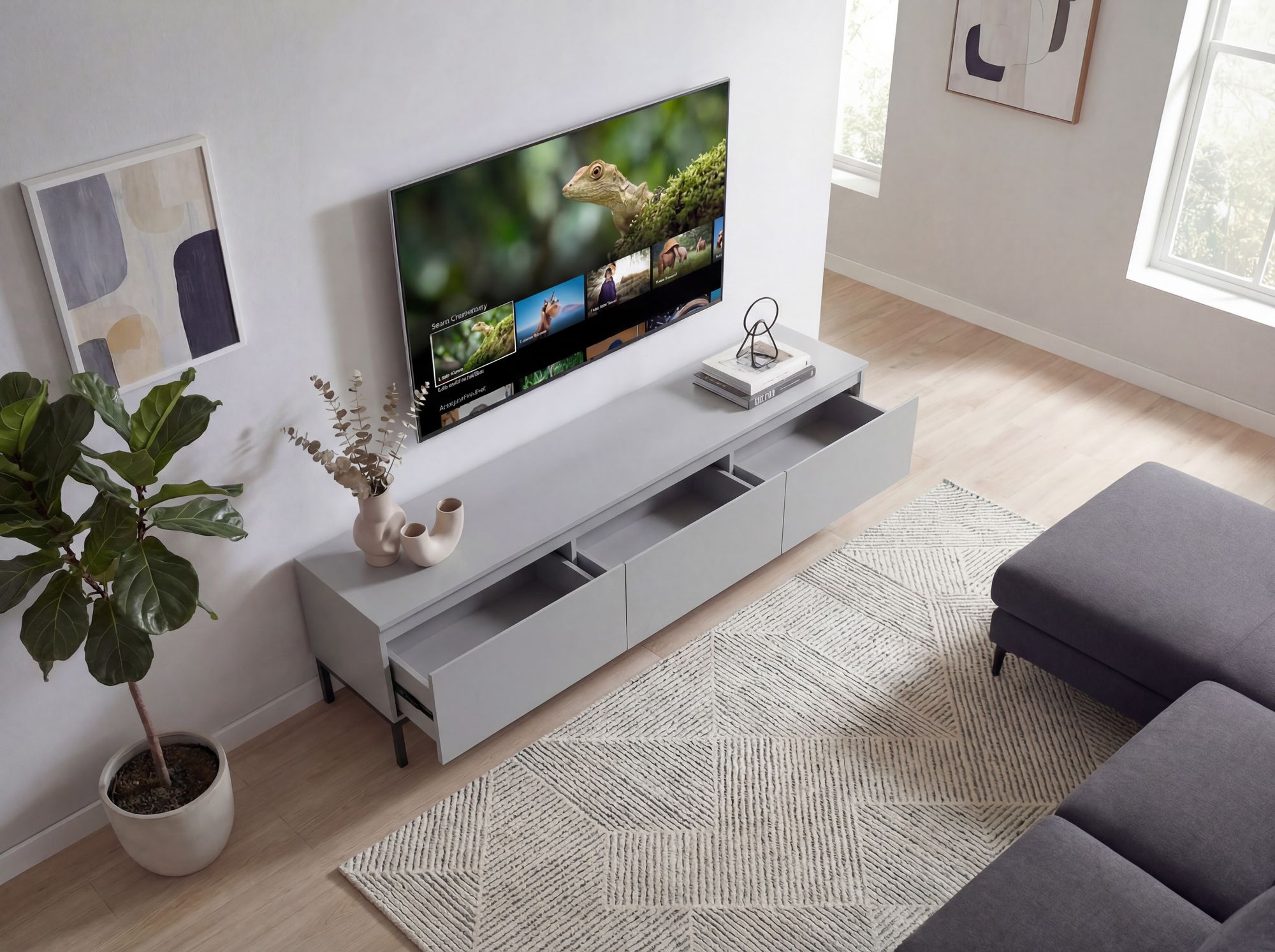 Lowboard 150cm TV Kommode Grau Rechteckig mit 3 Schubladen – Bild 6