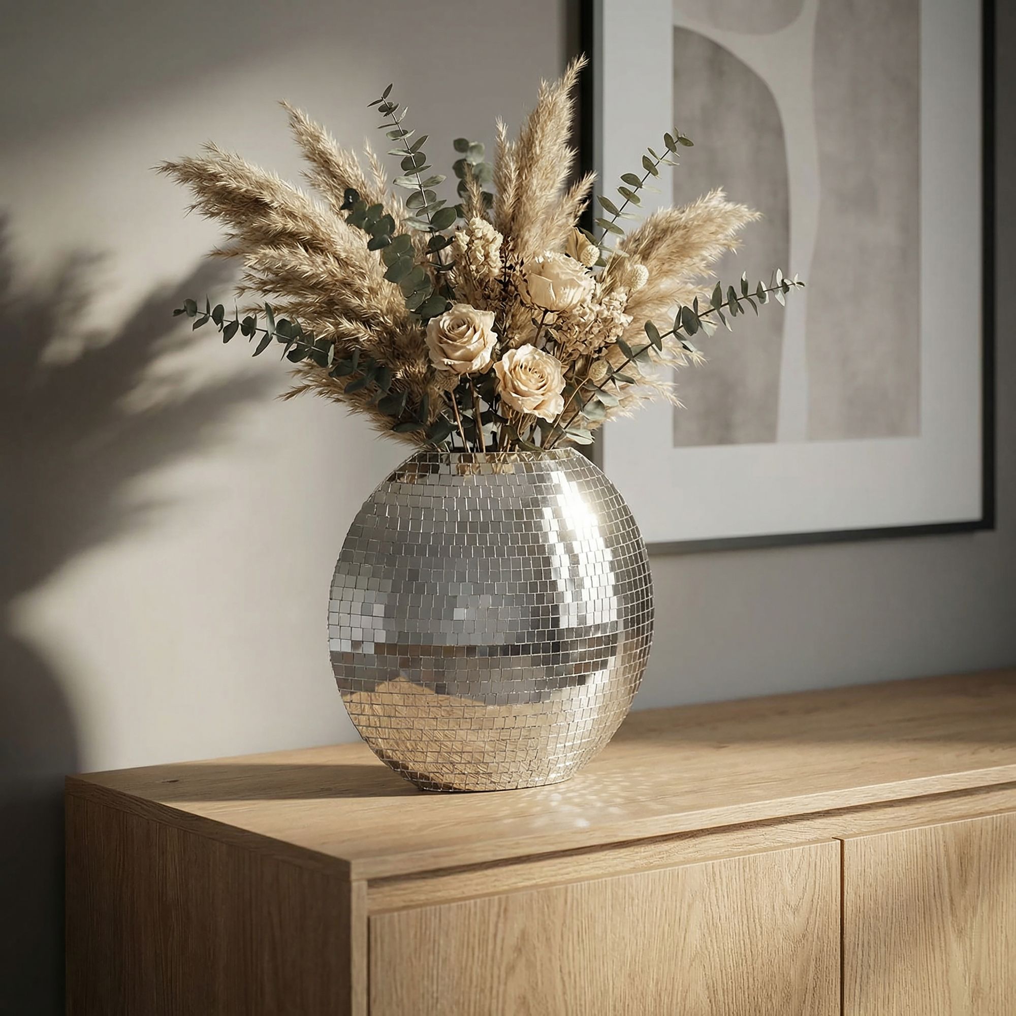 Tischvase Metall 40cm Silber Dekovase Mosaik rund – Bild 2
