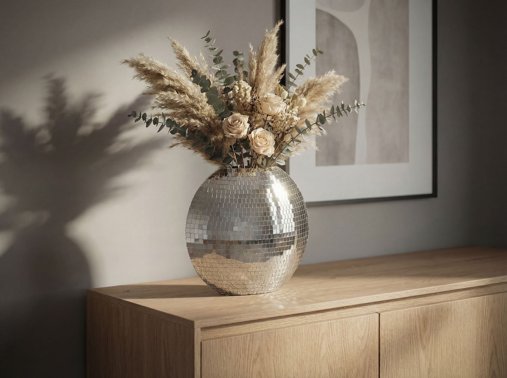 Tischvase Metall 40cm Silber Dekovase Mosaik rund – Bild 3