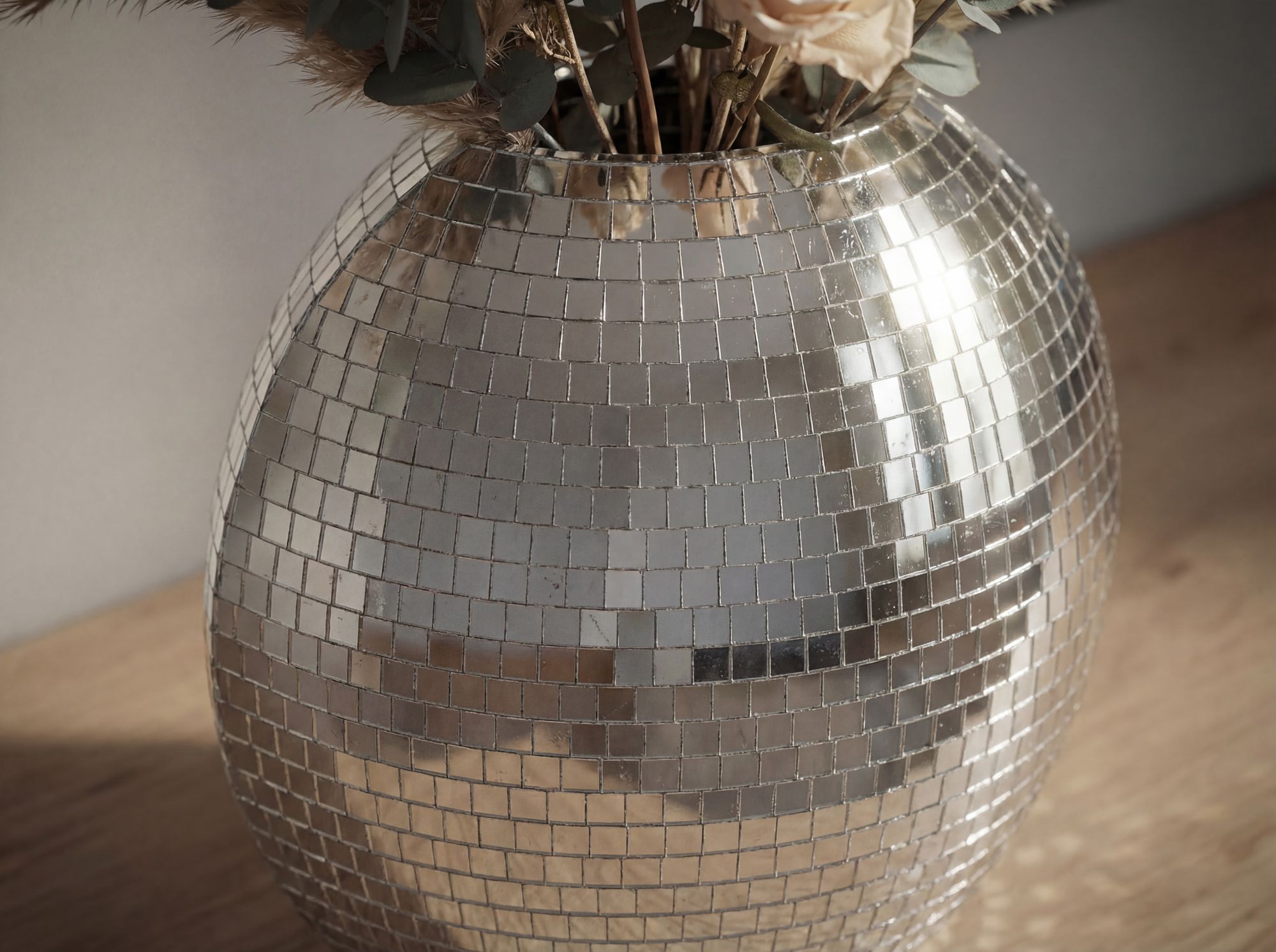 Tischvase Metall 40cm Silber Dekovase Mosaik rund – Bild 6