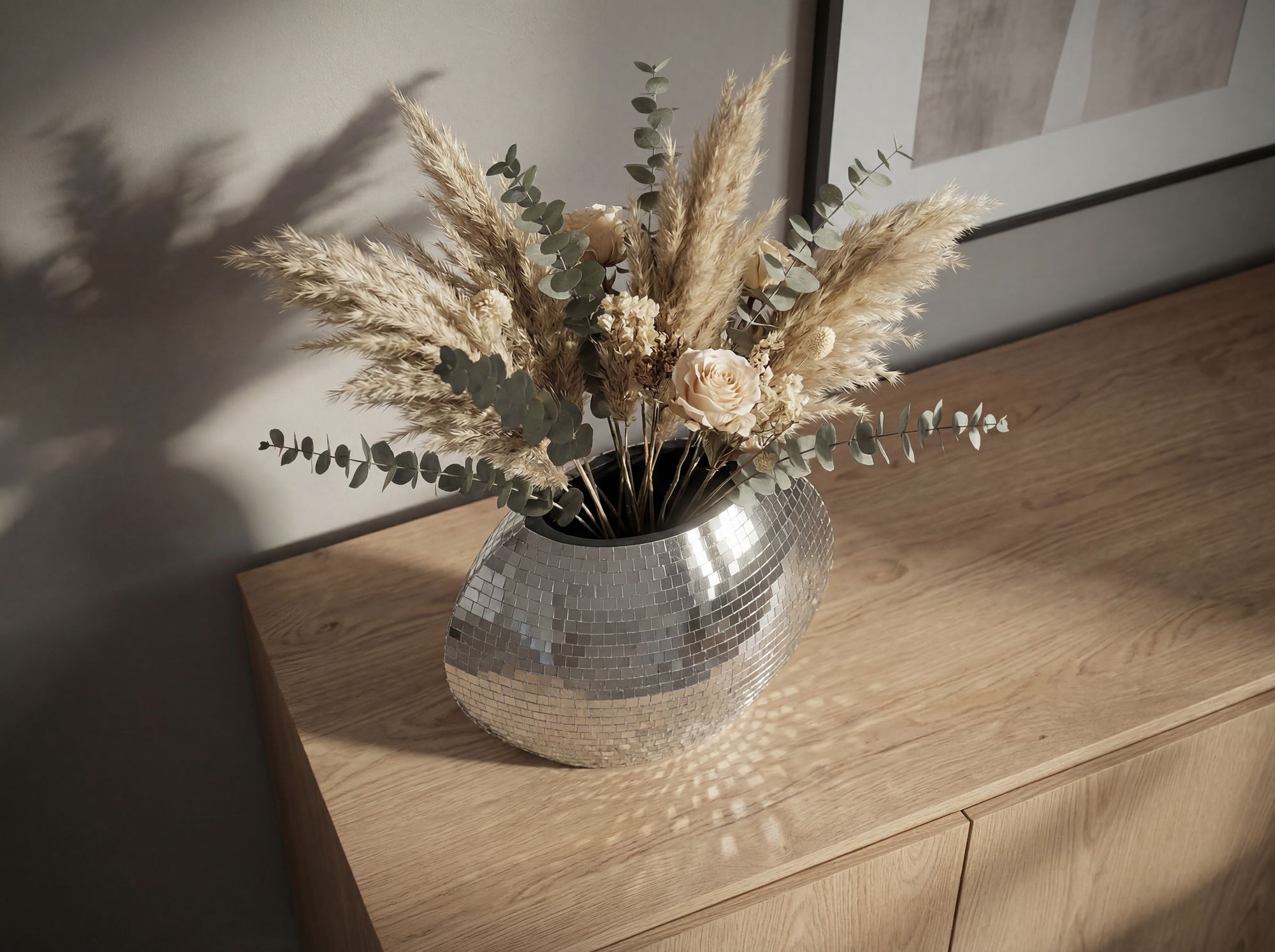 Tischvase Metall 40cm Silber Dekovase Mosaik rund – Bild 5