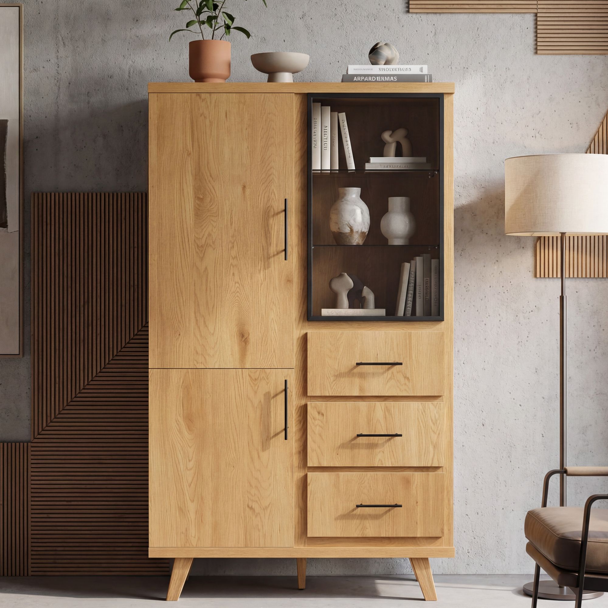Hochschrank MDF 188cm Eiche Dekor Groß mit Türen und Schubladen – Bild 2