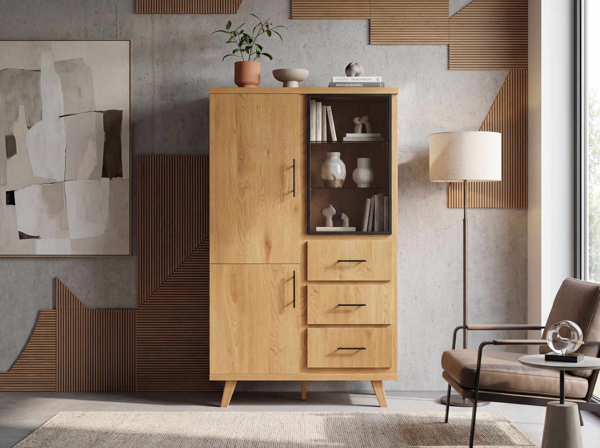 Hochschrank MDF 188cm Eiche Dekor Groß mit Türen und Schubladen – Bild 3