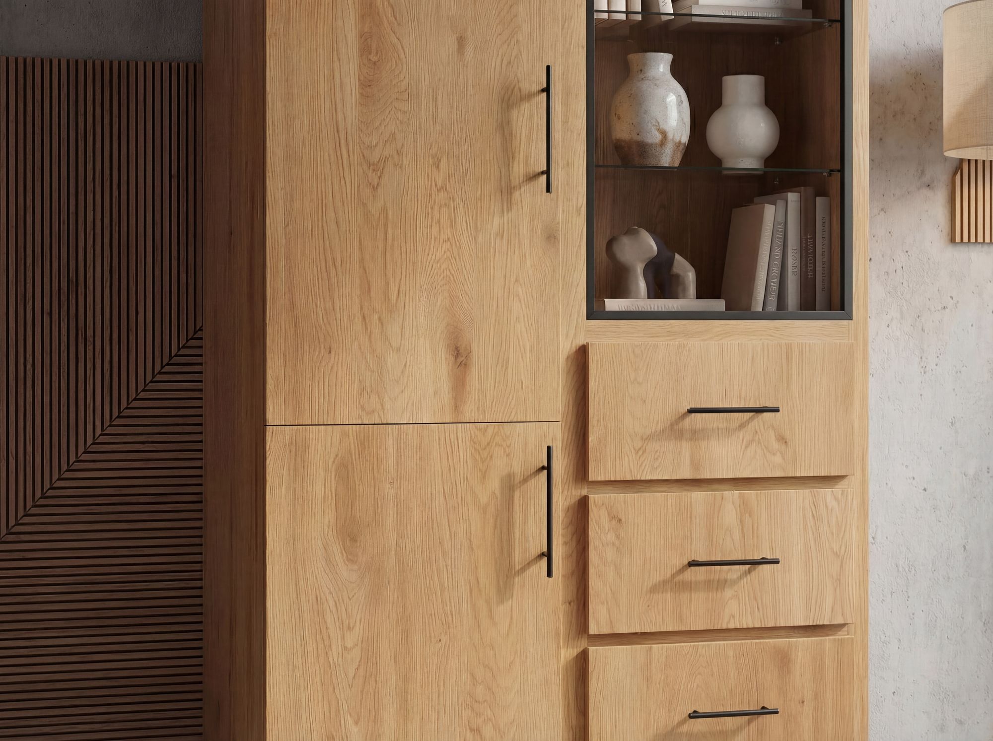 Hochschrank MDF 188cm Eiche Dekor Groß mit Türen und Schubladen – Bild 6