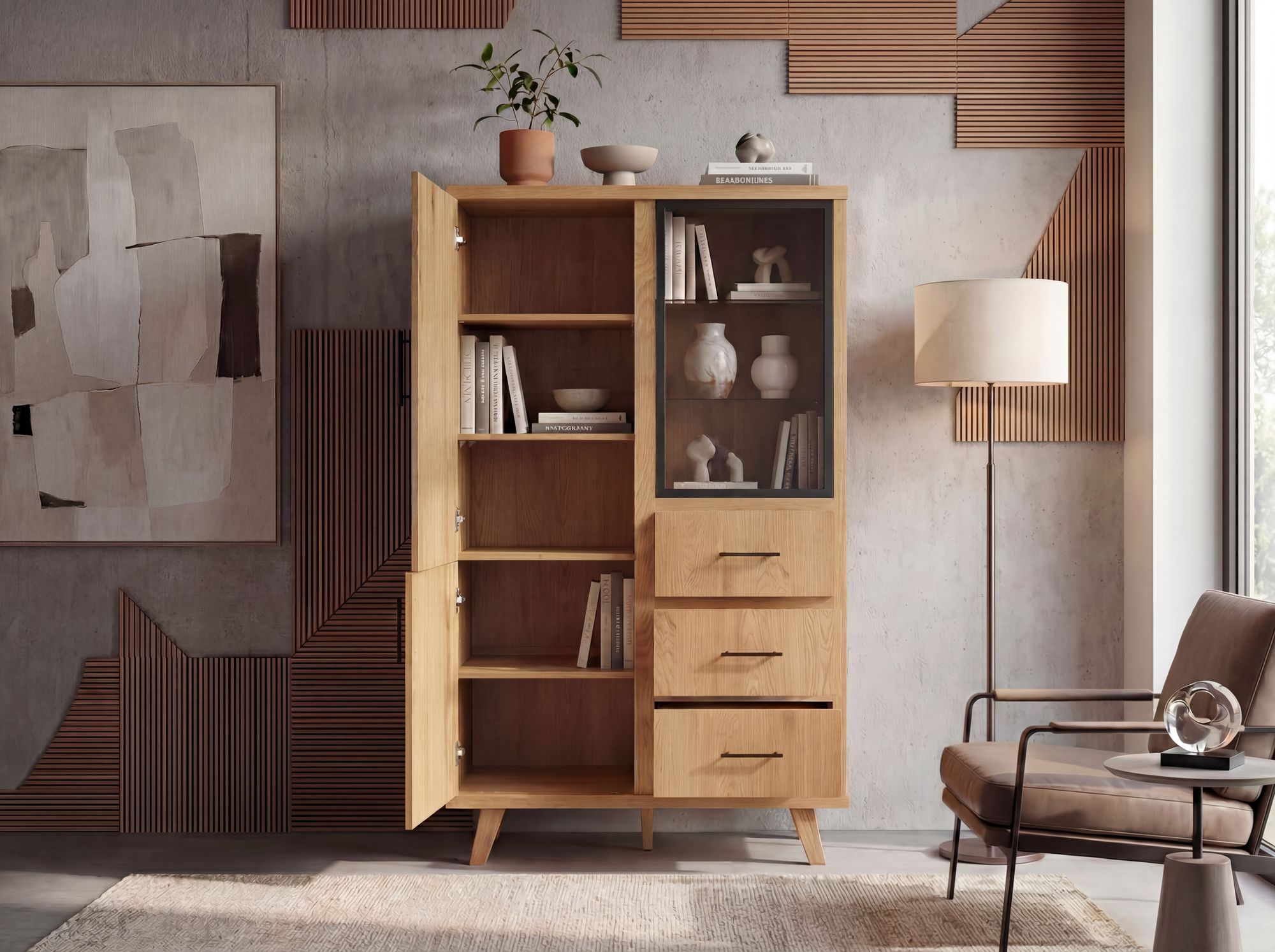 Hochschrank MDF 188cm Eiche Dekor Groß mit Türen und Schubladen – Bild 5