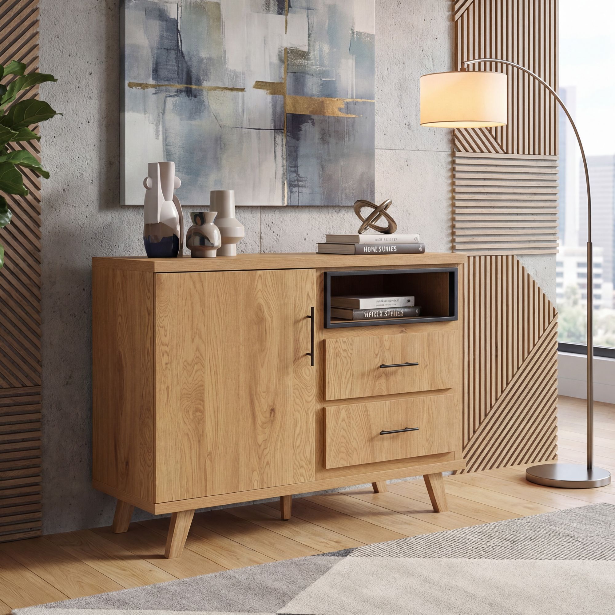 Sideboard Eiche Dekor 116cm Kommode mit Tür und 2 Schubladen – Bild 2