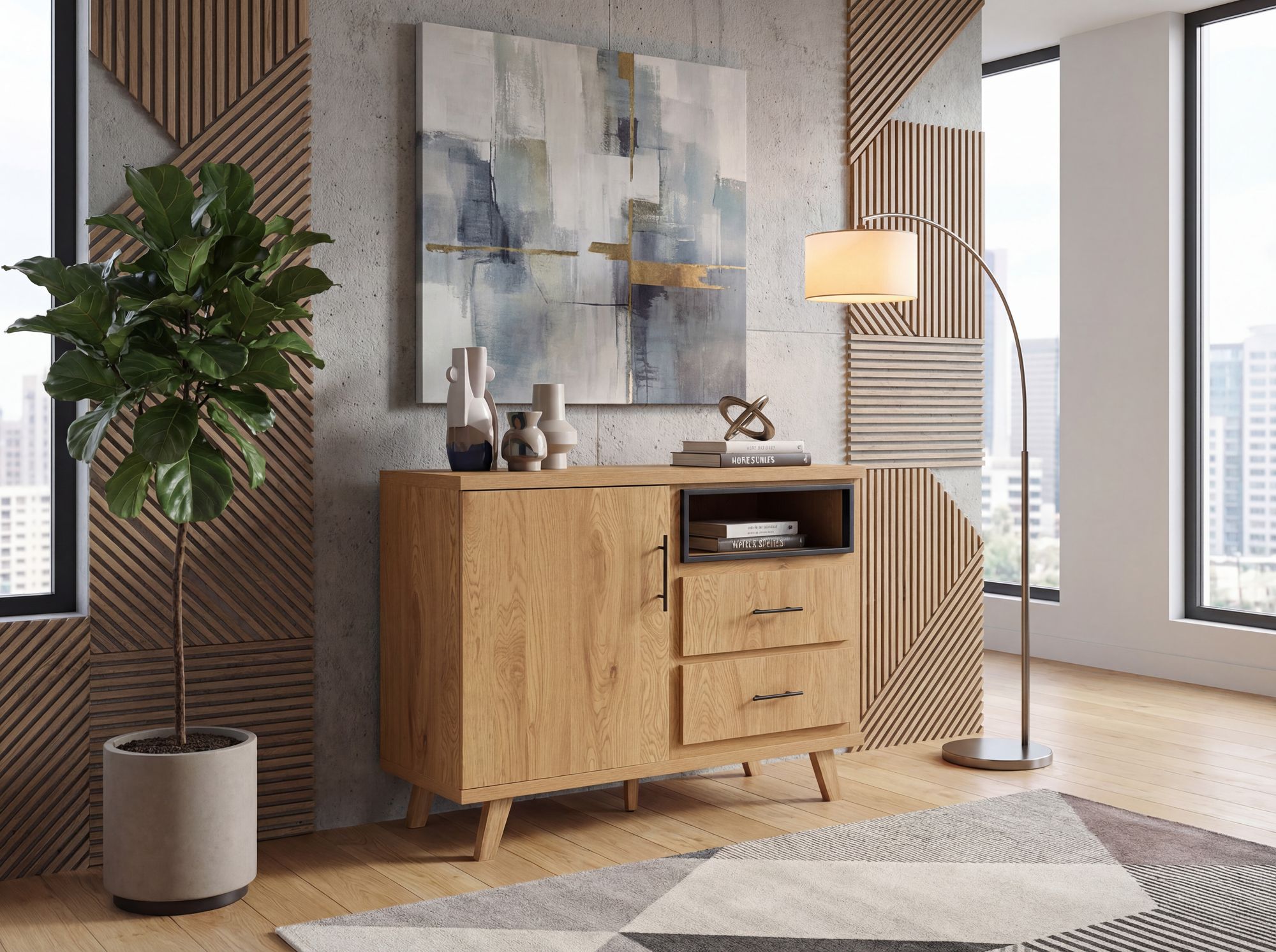 Sideboard Eiche Dekor 116cm Kommode mit Tür und 2 Schubladen – Bild 3