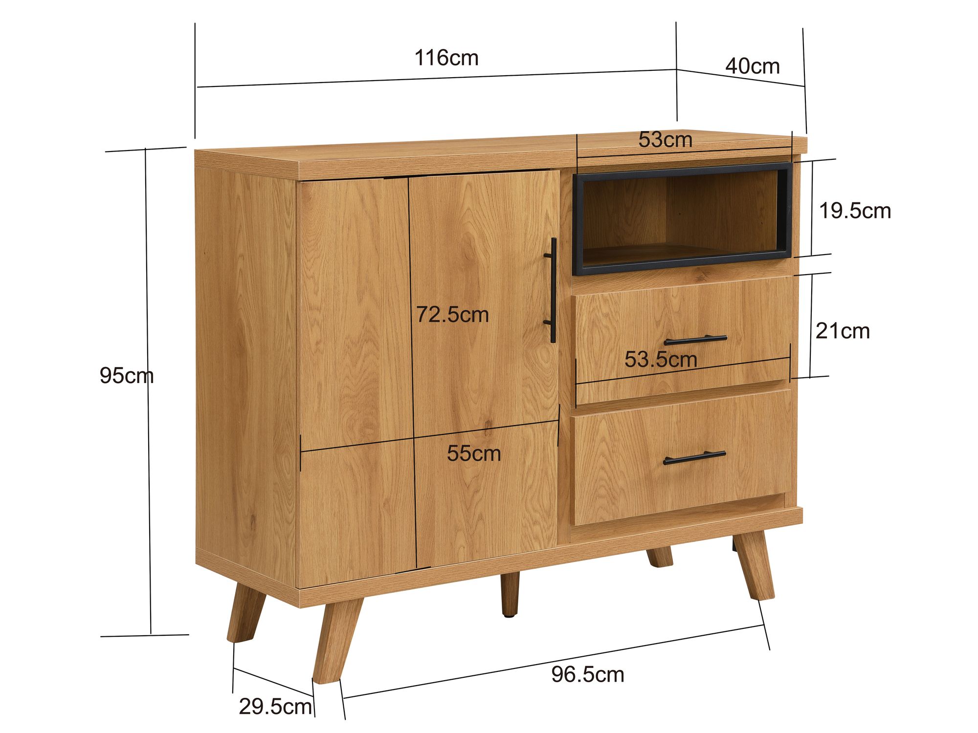 Sideboard Eiche Dekor 116cm Kommode mit Tür und 2 Schubladen – Bild 4